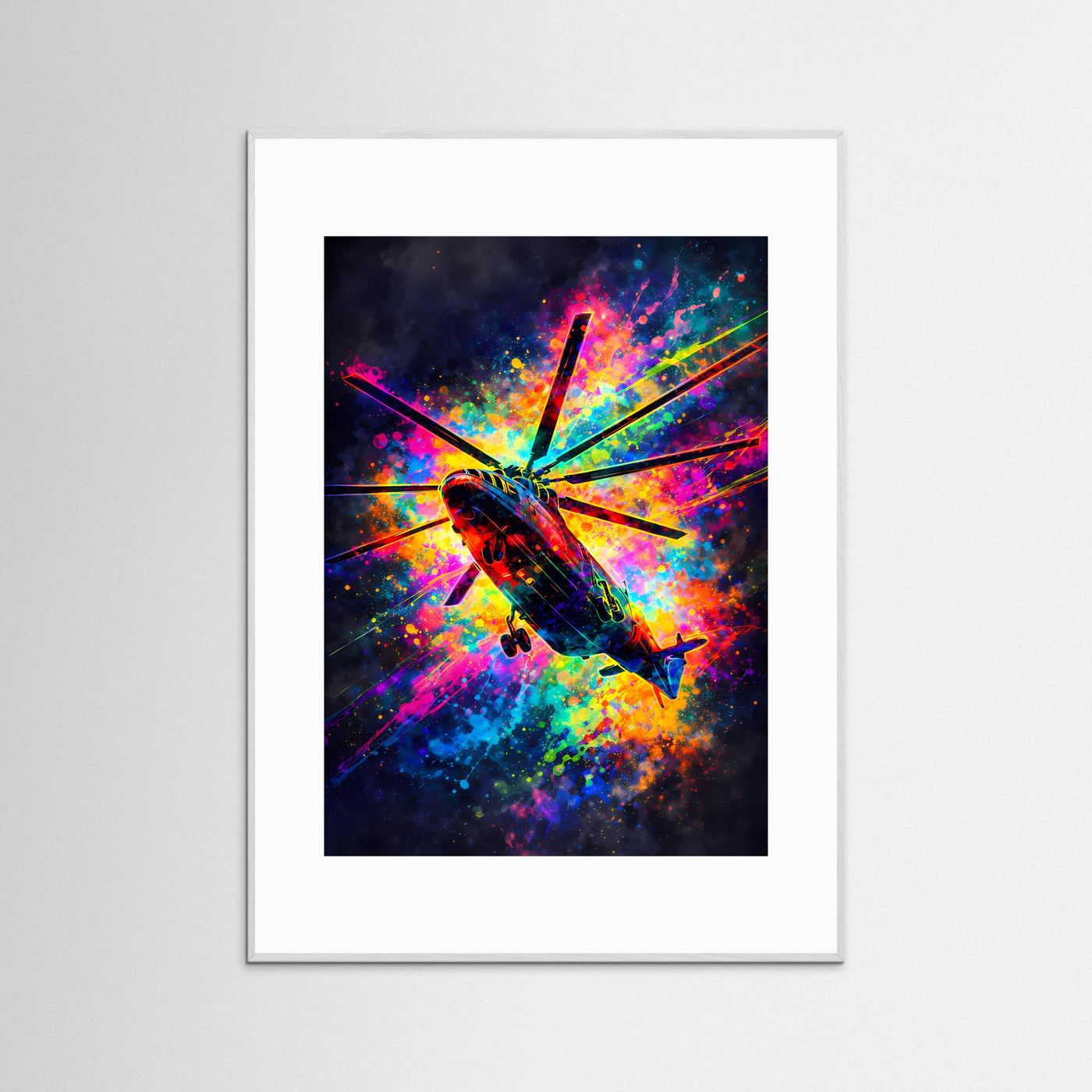 Dynamik des Himmels | Modernes Hubschrauber-Poster mit Neon-Farbspritzern | Abstraktes Kunstposter Hochformat