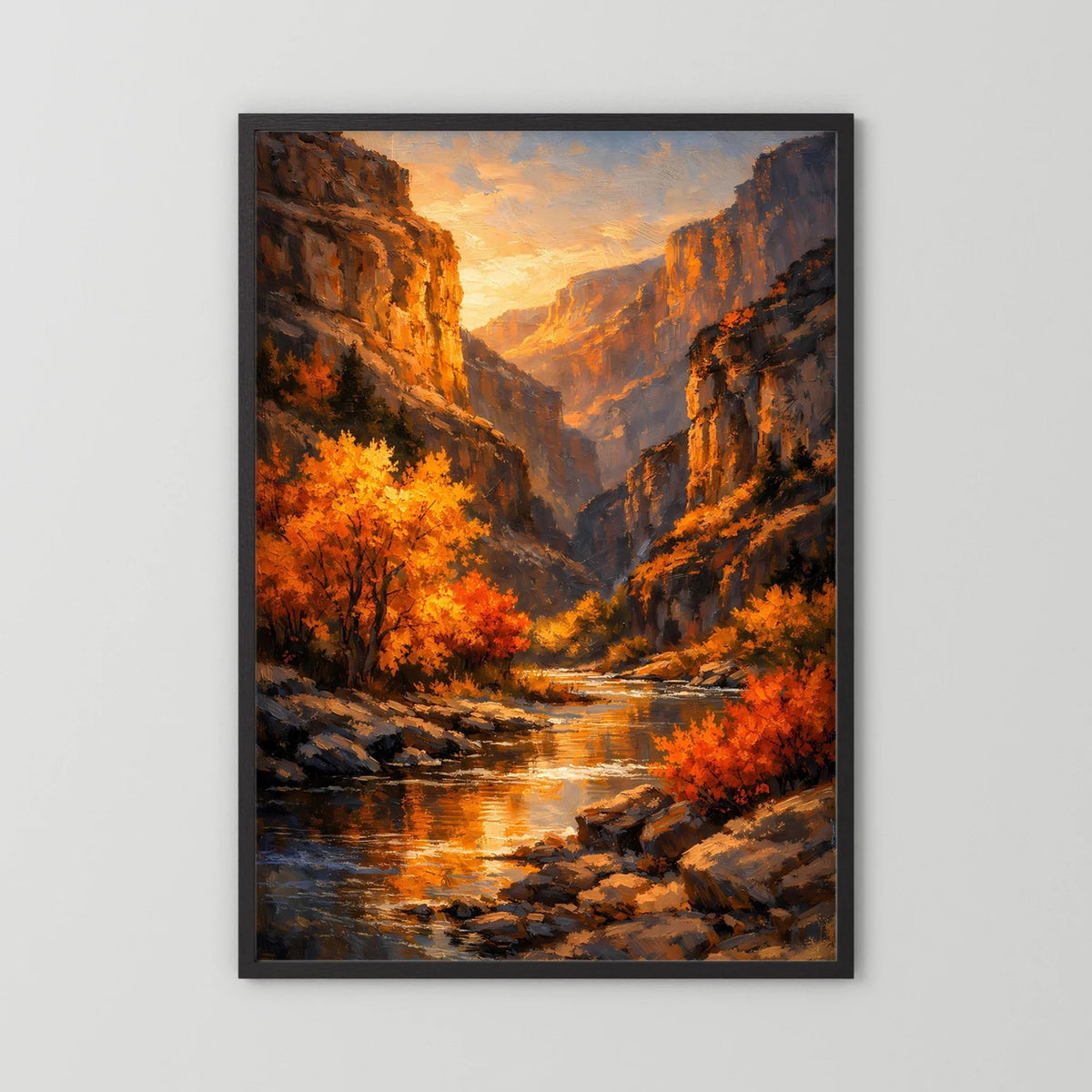 Gerahmtes Wandbild mit Canyon-Motiv, Herbstbäume am Fluss und warmem Sonnenuntergang.