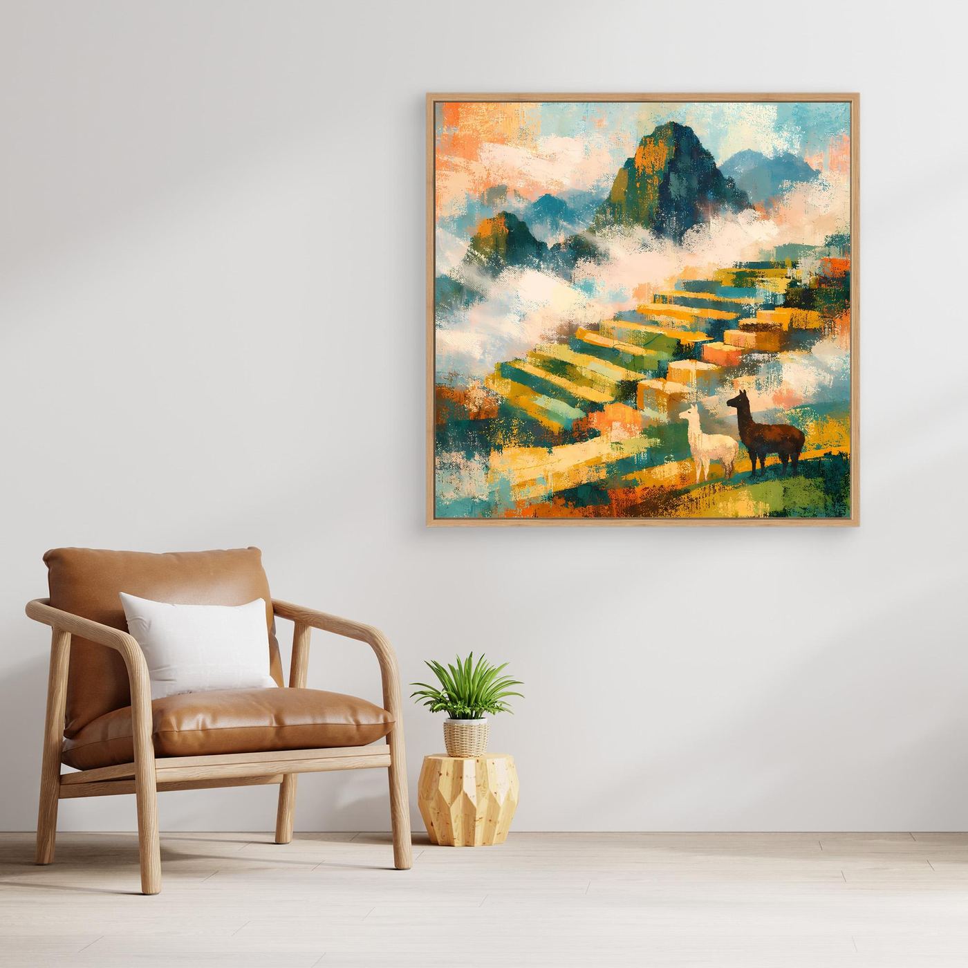 Leinwand-Wandbild mit abstrakter Berglandschaft und Alpakas, mit Holzrahmen