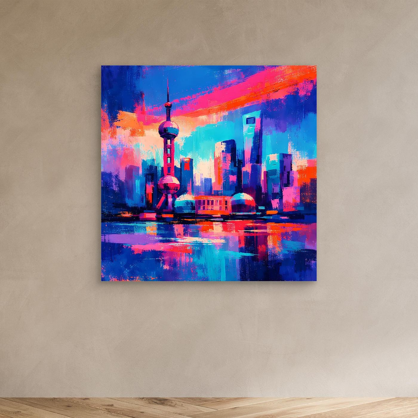 Leinwandbild mit abstrakter Neon-Skyline, pink-blaues Licht und reflektierende Wasseroberfläche