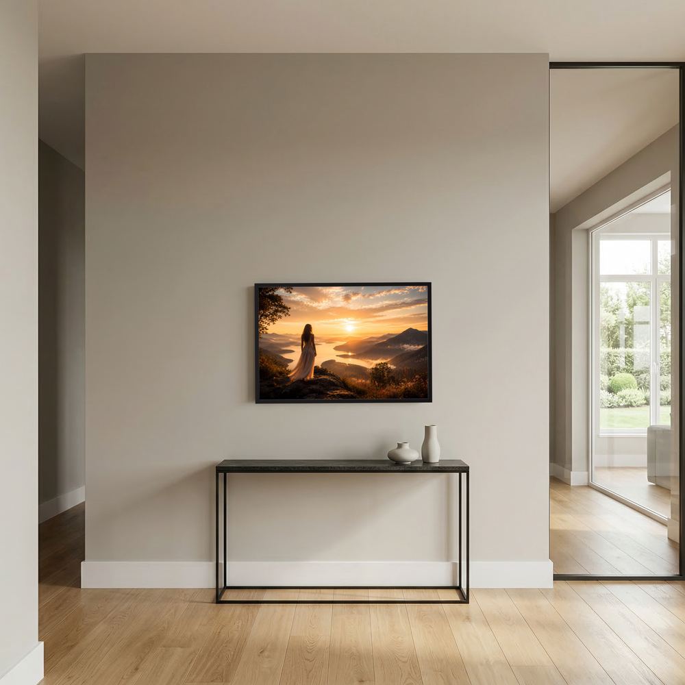 Wandposter mit Frau am Felsen bei Sonnenuntergang über See und Bergen, dunkler Rahmen