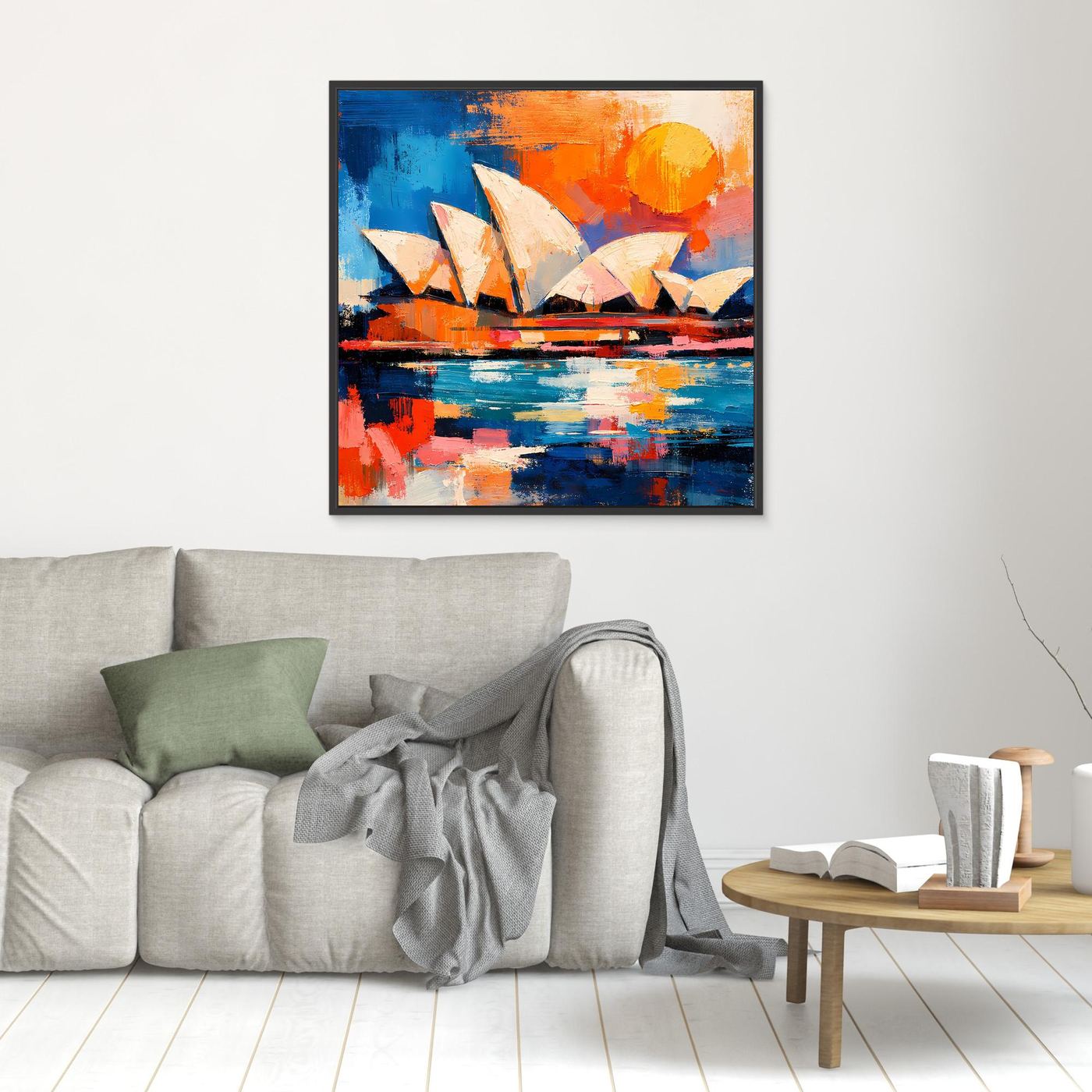 Abstract architecture wall art with black frame above sofa, blue and orange harbor