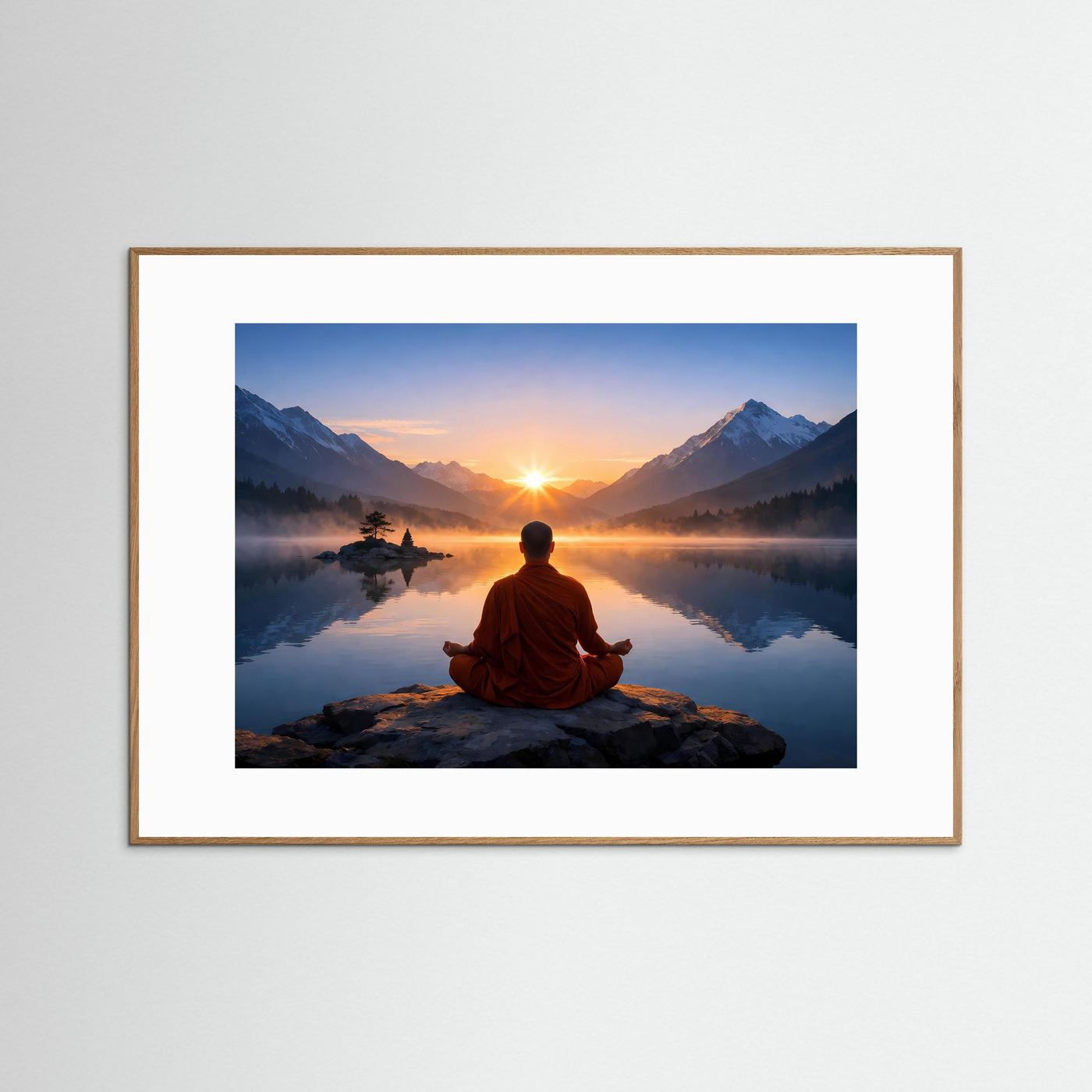 Poster mit meditierendem Mönch am See bei Sonnenaufgang, braun-beiger Holzrahmen, Querformat