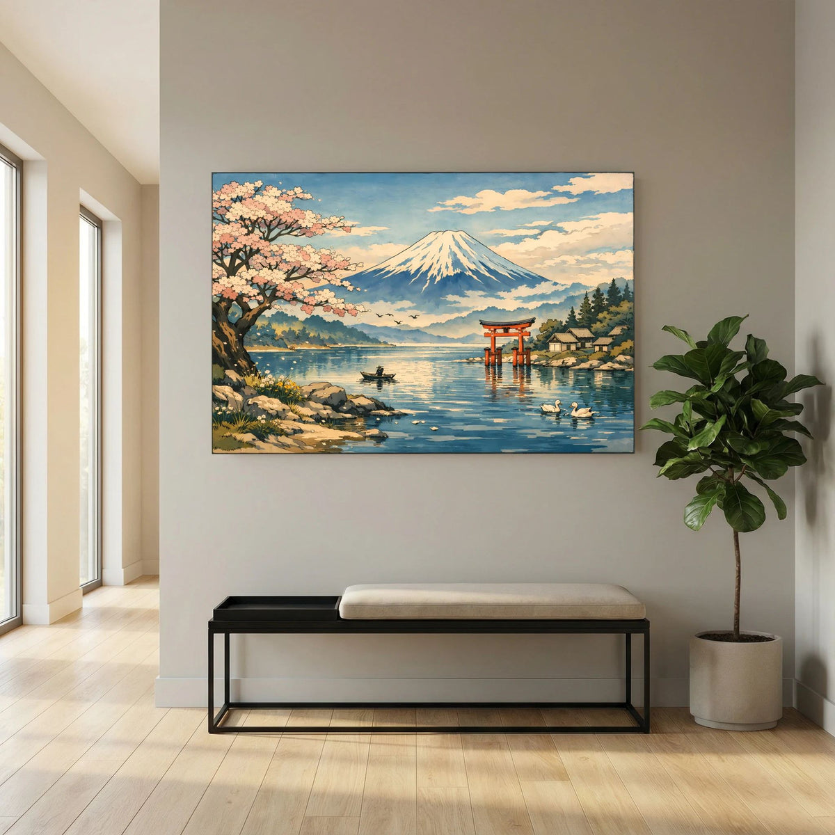 Wandbild im Querformat mit Fuji und Torii am See, Kirschblütenbaum links