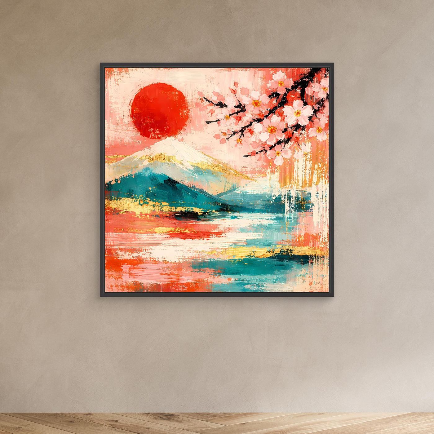 Abstraktes Leinwandbild mit Fuji, Kirschblüten und roter Sonne im dunklen Rahmen