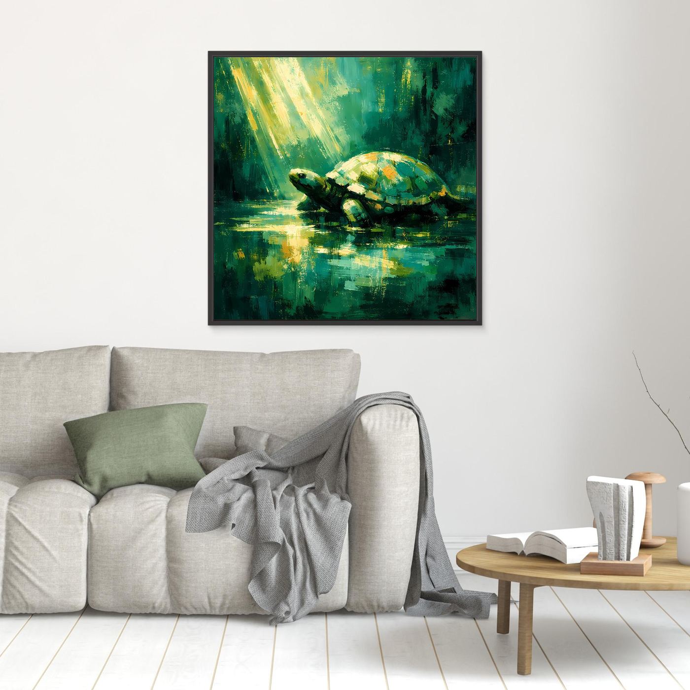 Leinwand Mystische Schildkröte im Lichtstrahl | Abstraktes Natur Wandbild Grün