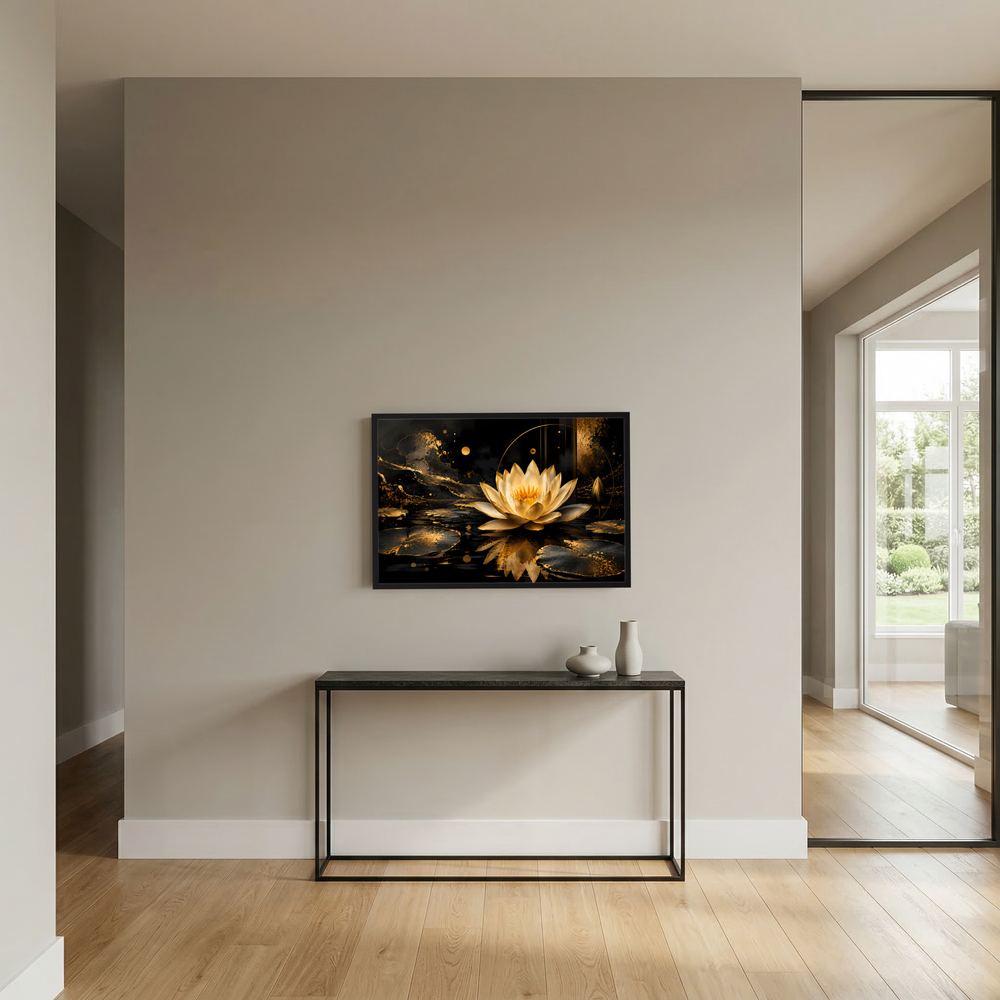 Kleines gerahmtes Wandbild (Querformat): goldene Lotusblüte auf dunklem Wasser