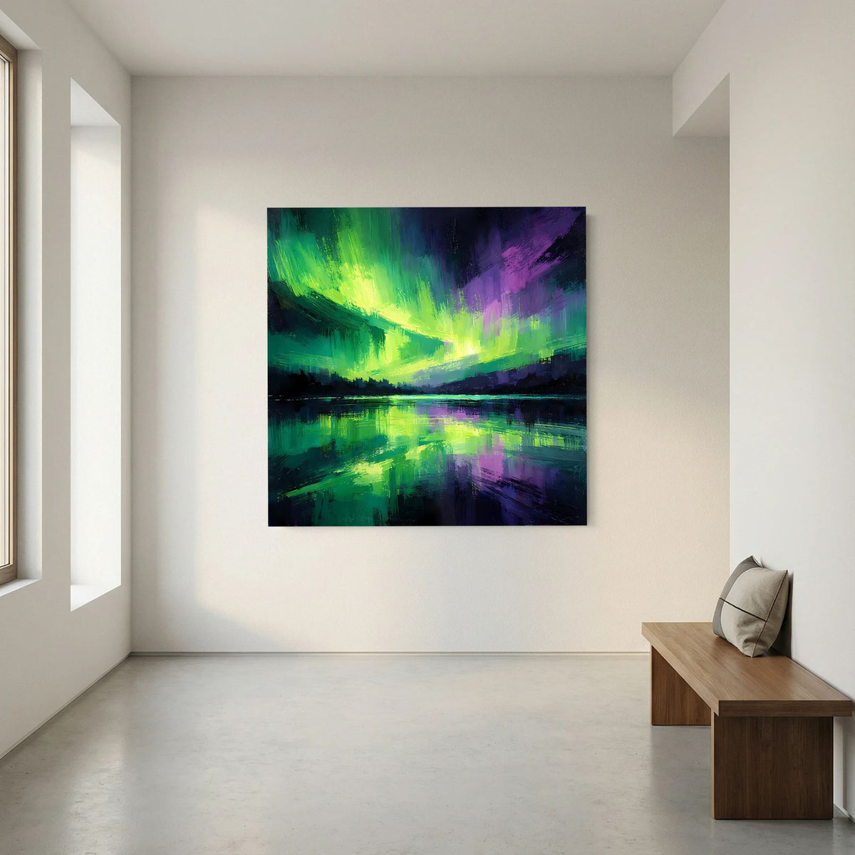 Leinwand-Wandbild im Querformat: Nordlicht in Grün und Violett, gespiegelt im See
