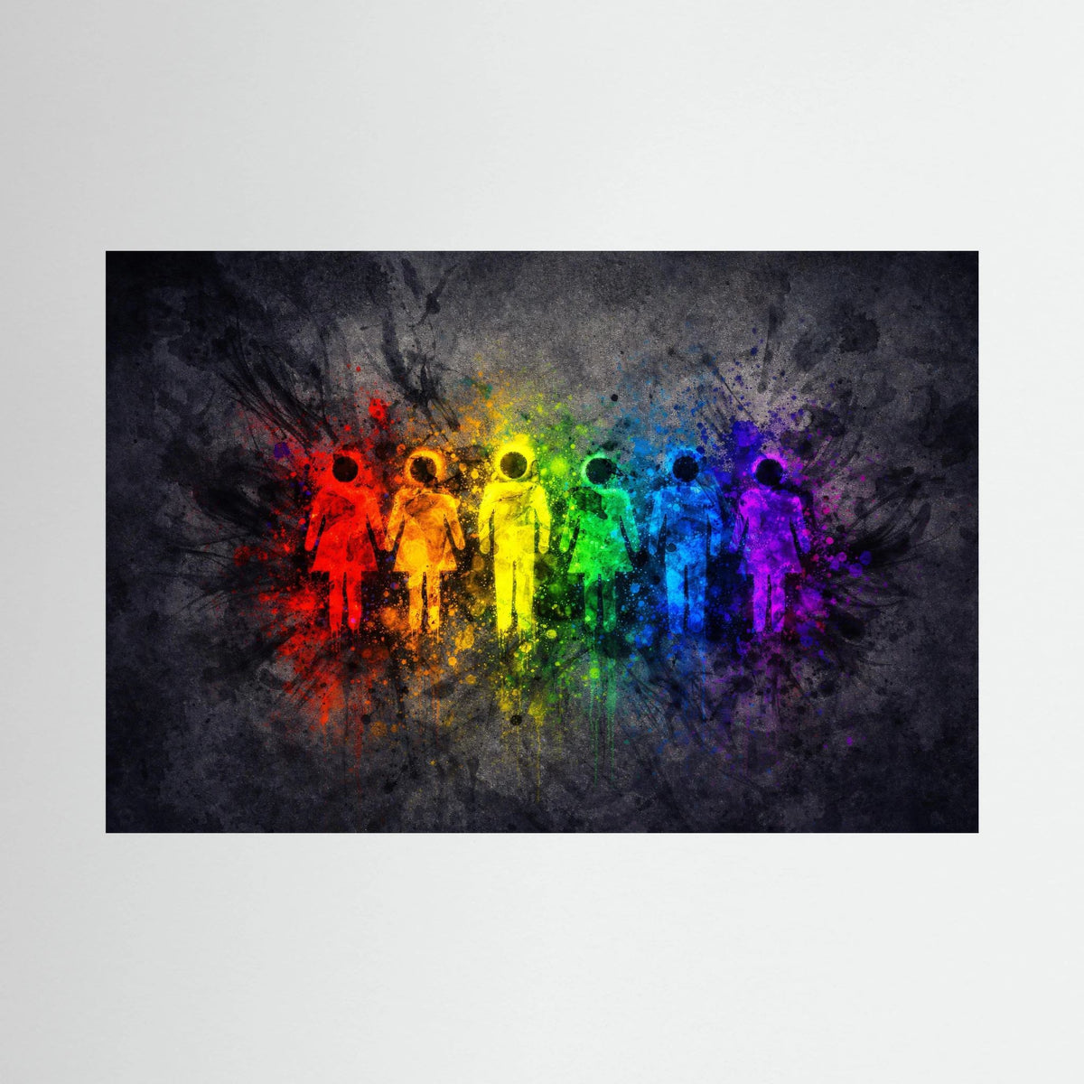 Wandposter im Querformat mit Regenbogenfarben und Menschen-Silhouetten im Sprühnebel