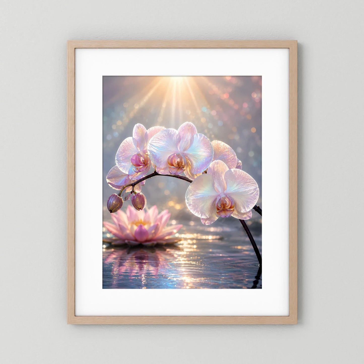 Blumenposter mit Orchideen und Lotusblüte, hellbrauner Holzrahmen, weißer Rand