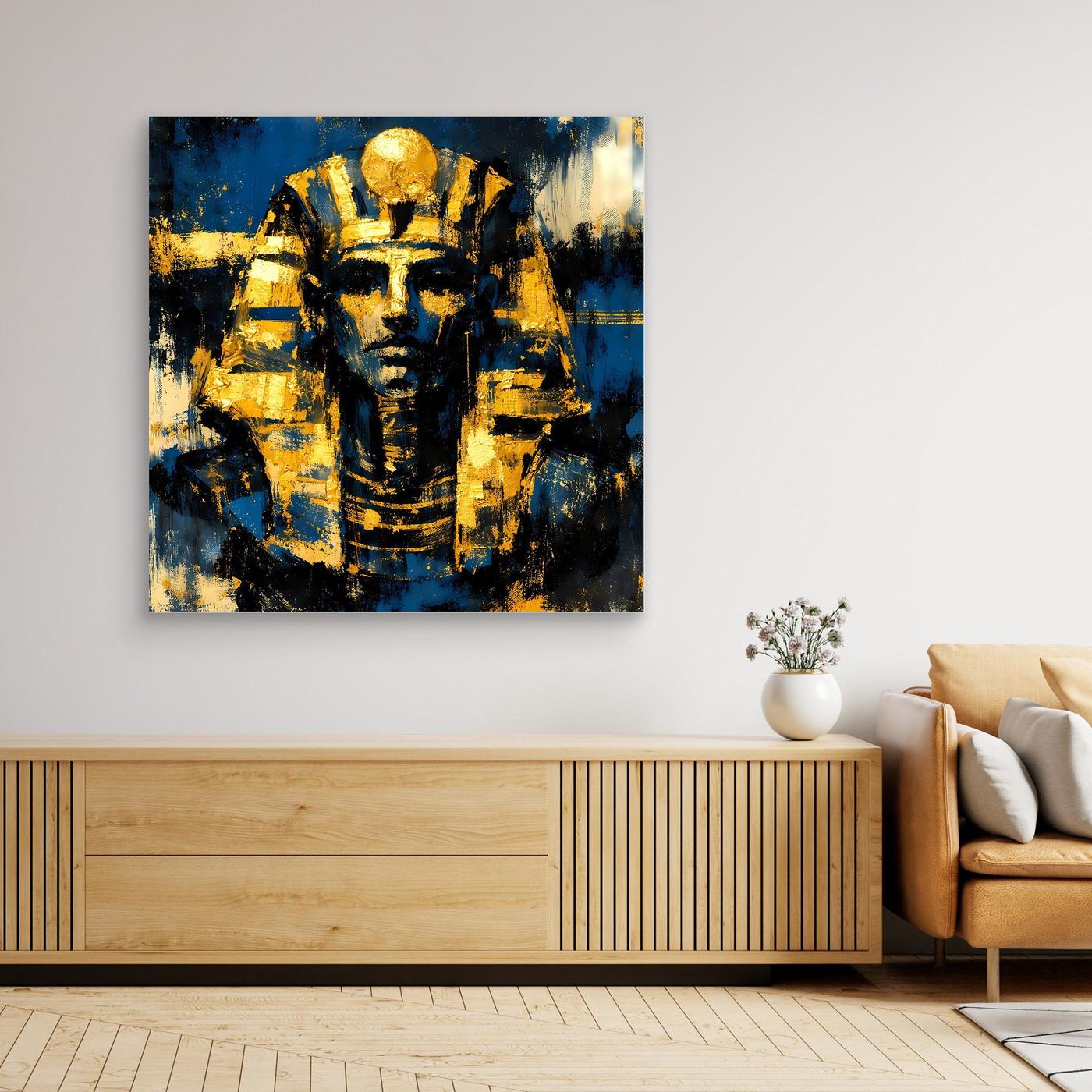 Ägyptisches Leinwandwandbild mit Tutanchamun-Porträt in Blau und Gold, ohne sichtbaren Rahmen
