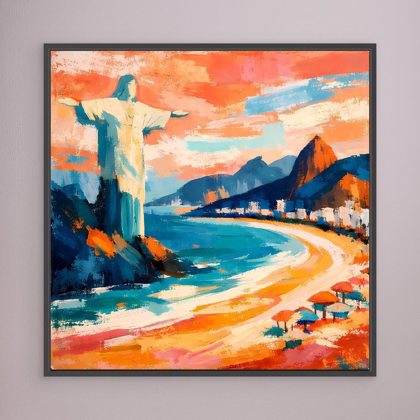 Wandbild mit schwarzem Rahmen: abstrakter Strand mit Bergen, blauem Wasser und Sonnenschirmen.