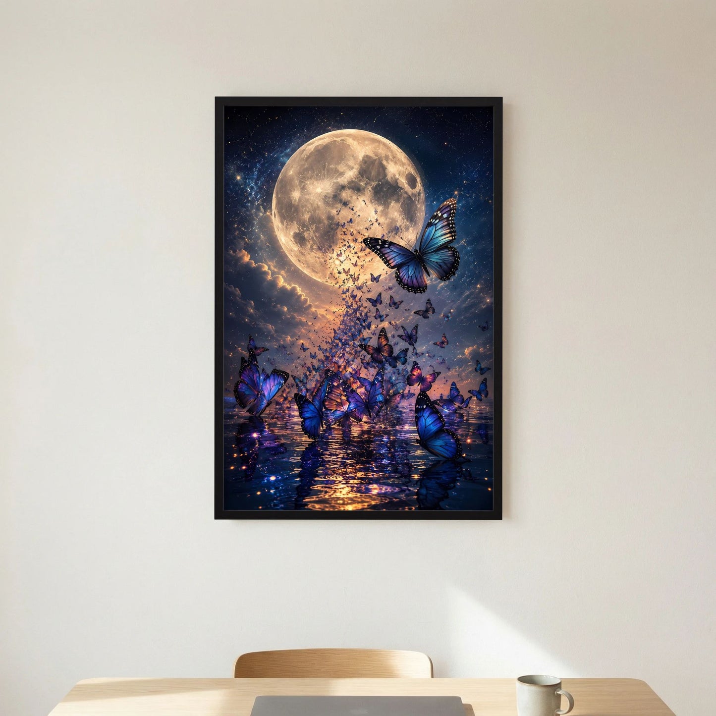 Hochformat-Poster im schwarzen Rahmen: goldener Mond mit blauen Schmetterlingen