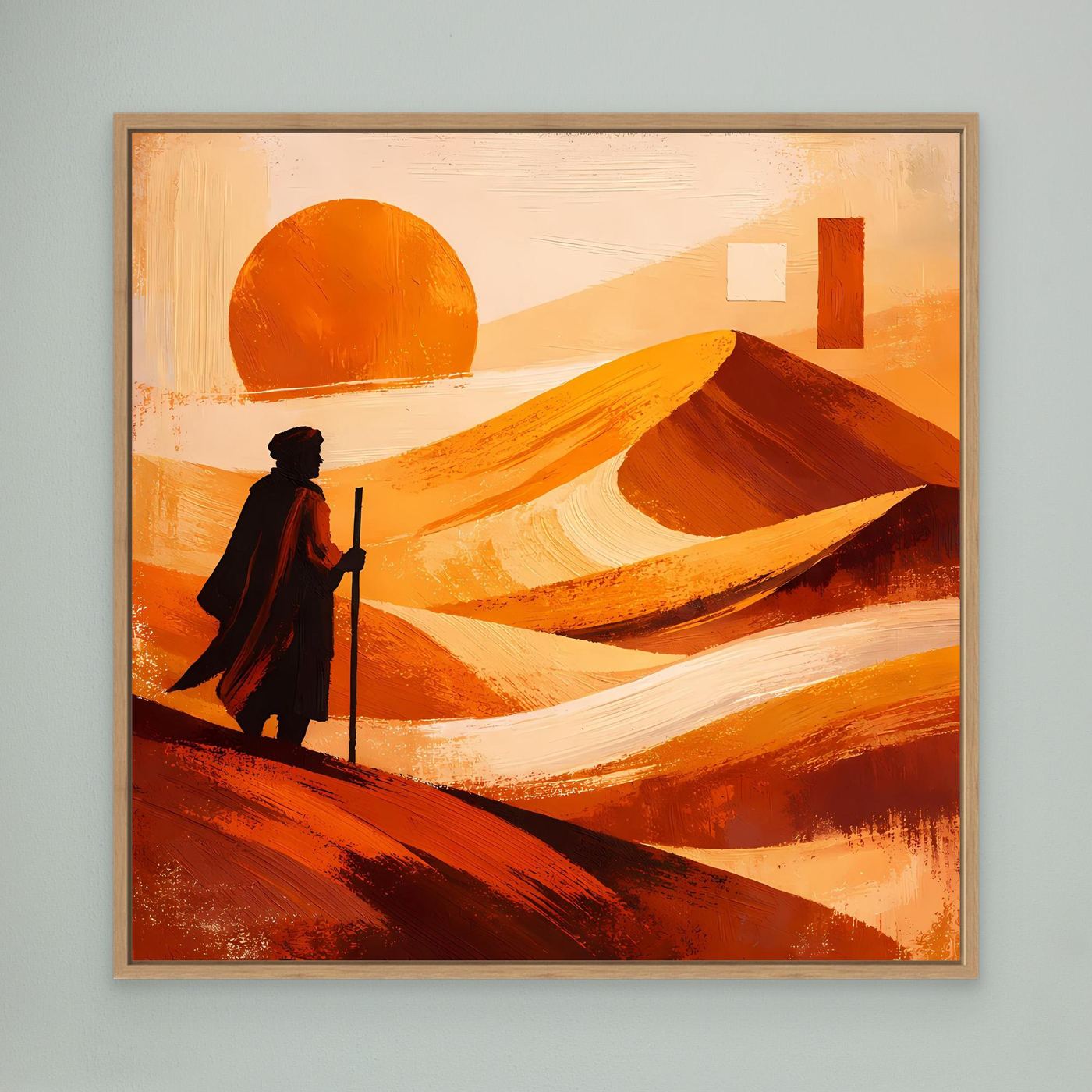 Abstraktes Leinwandbild mit Wüstenlandschaft im beigen Rahmen: orange Sonne, Figur mit Stab