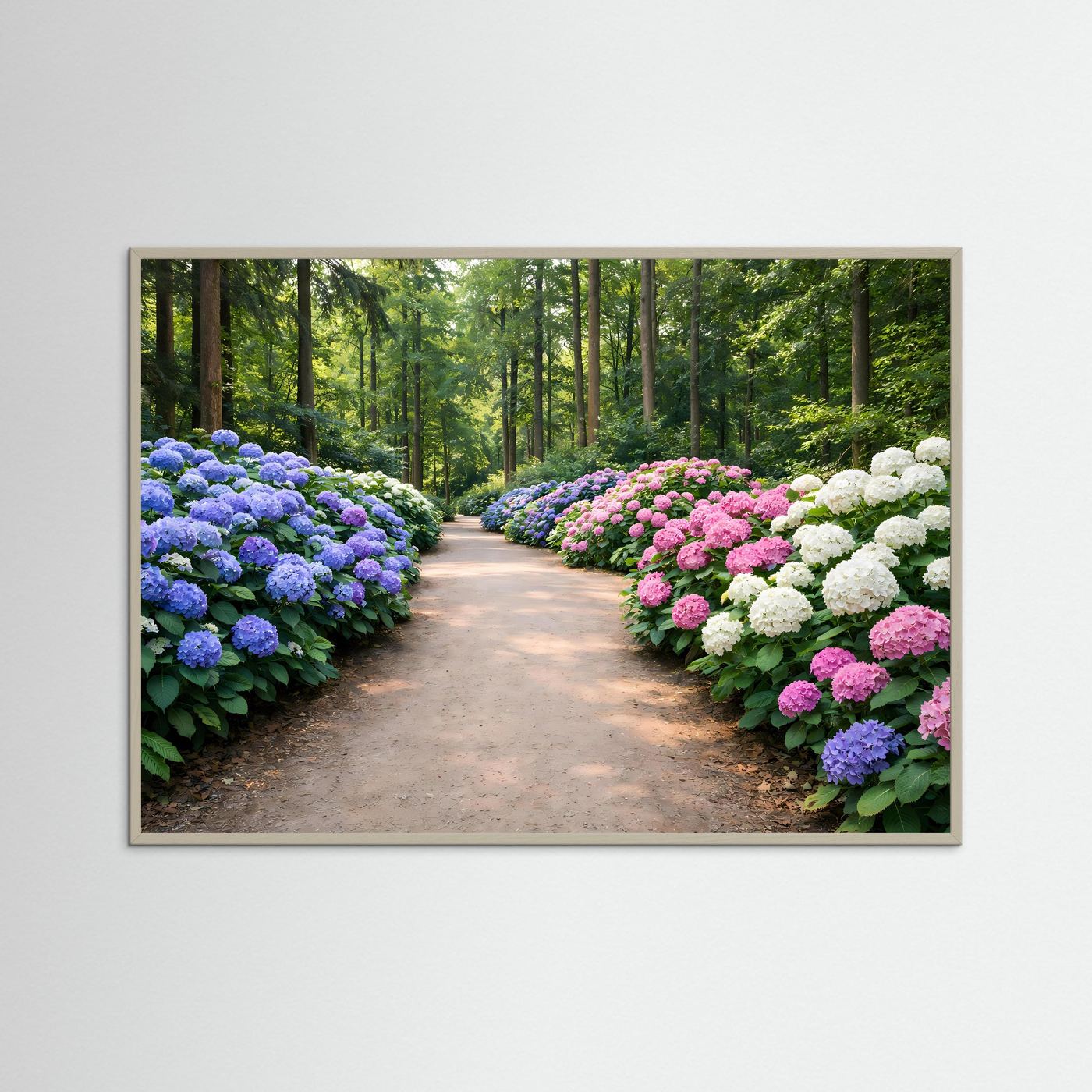 Blühender Hortensienpfad im Wald | Hortensie & Natur Poster Querformat