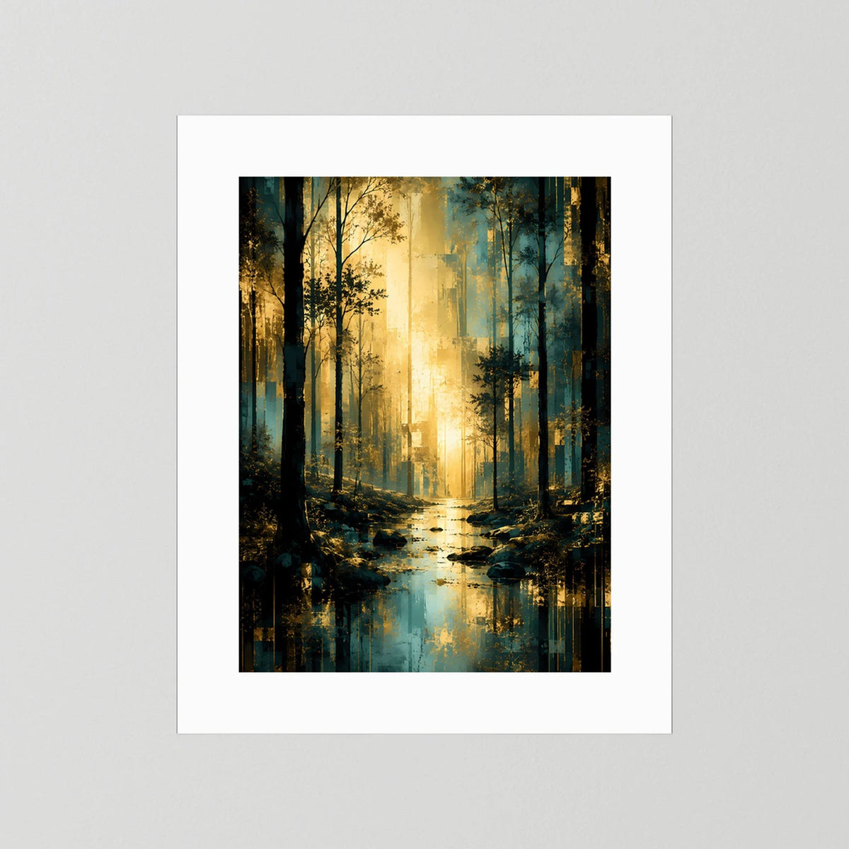 Hochformat-Poster Waldlandschaft in Türkis und Gold, weißer Rand