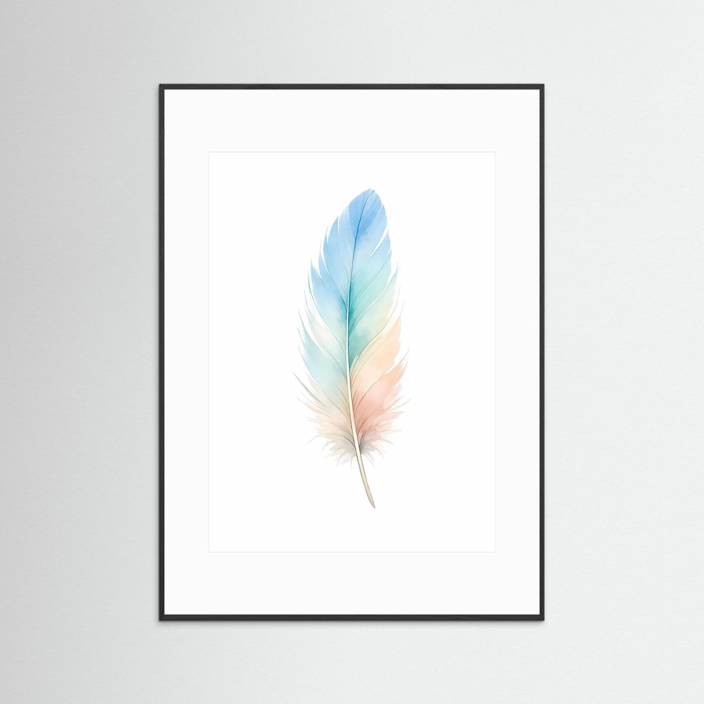 Poster mit Aquarell-Feder im Pastellverlauf von Blau bis Pfirsich im schwarzen Rahmen, hochkant