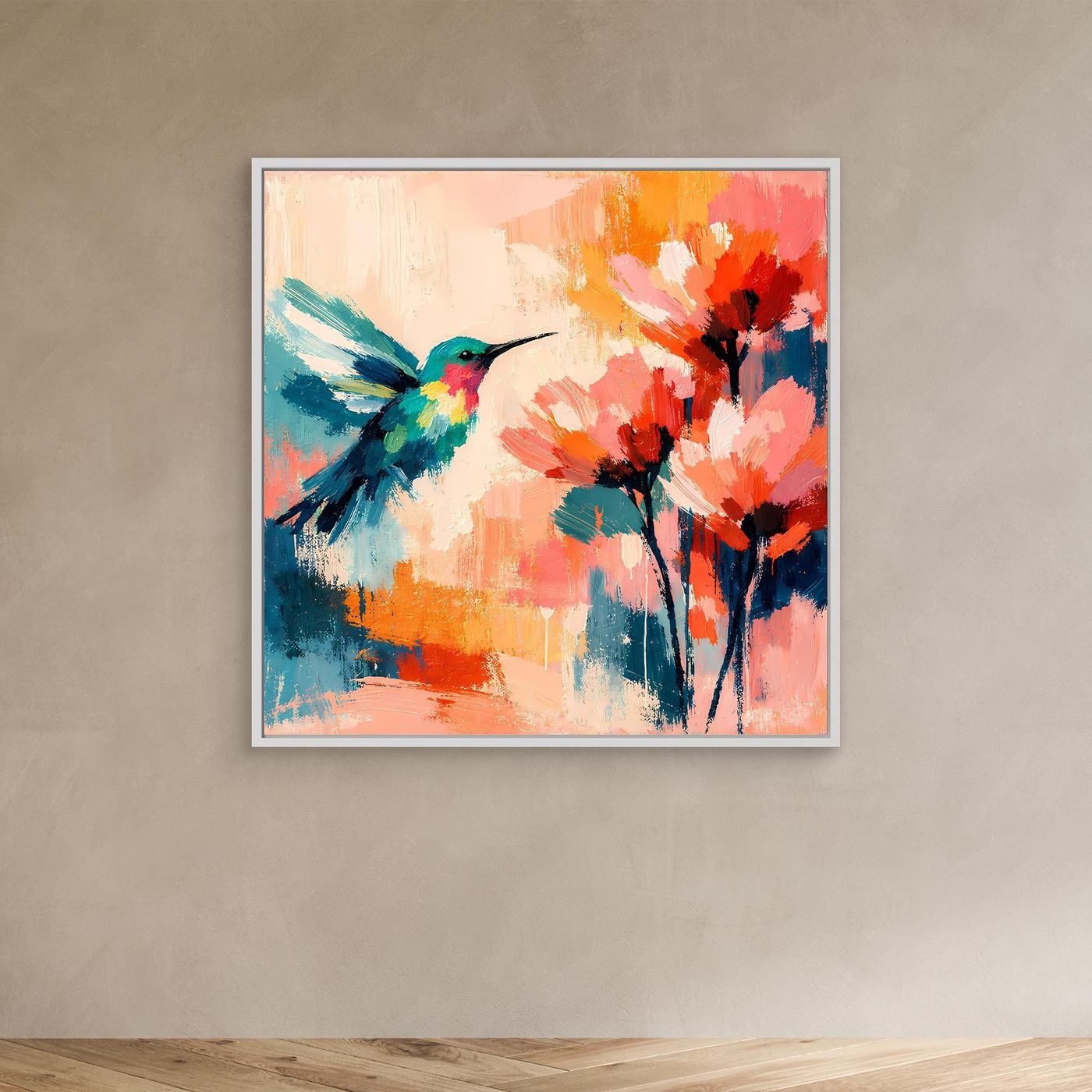 Abstract canvas hummingbird wall art with colorful flowers, white frame