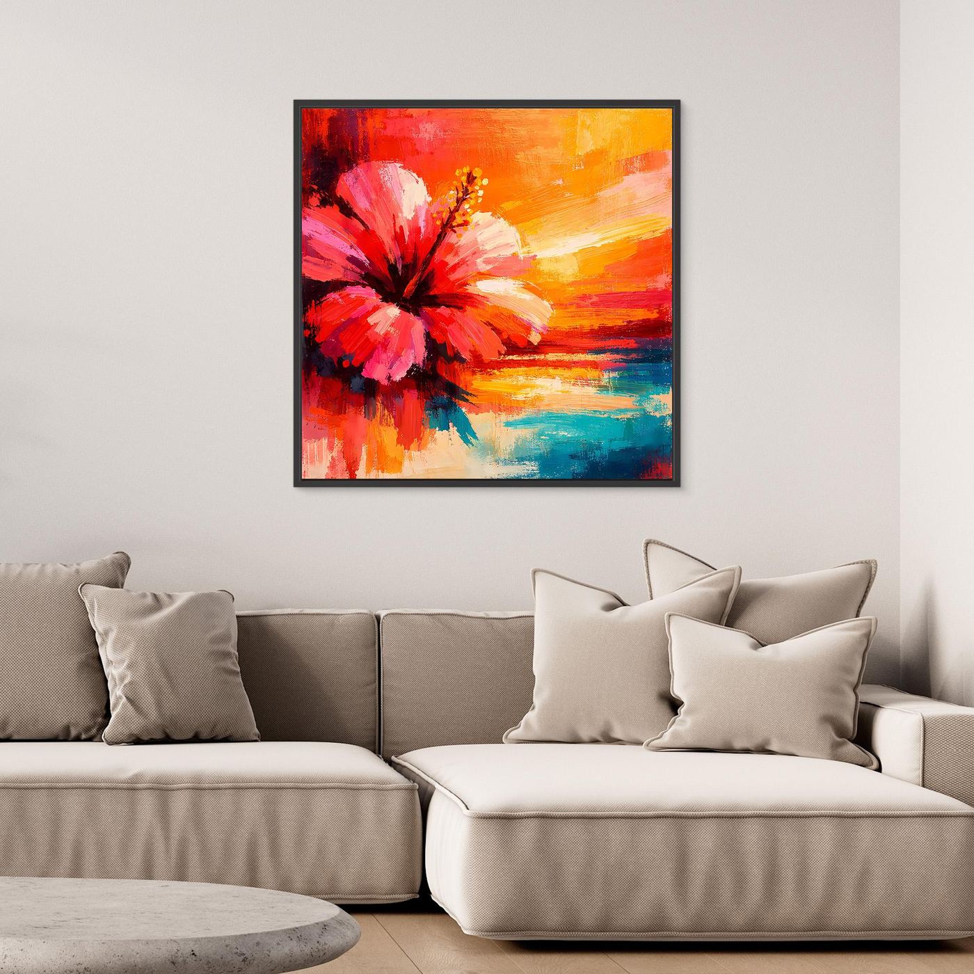 Leinwand Abstraktes Hibiskusblütenbild am Meer | Modernes Küsten Wandbild Bunt