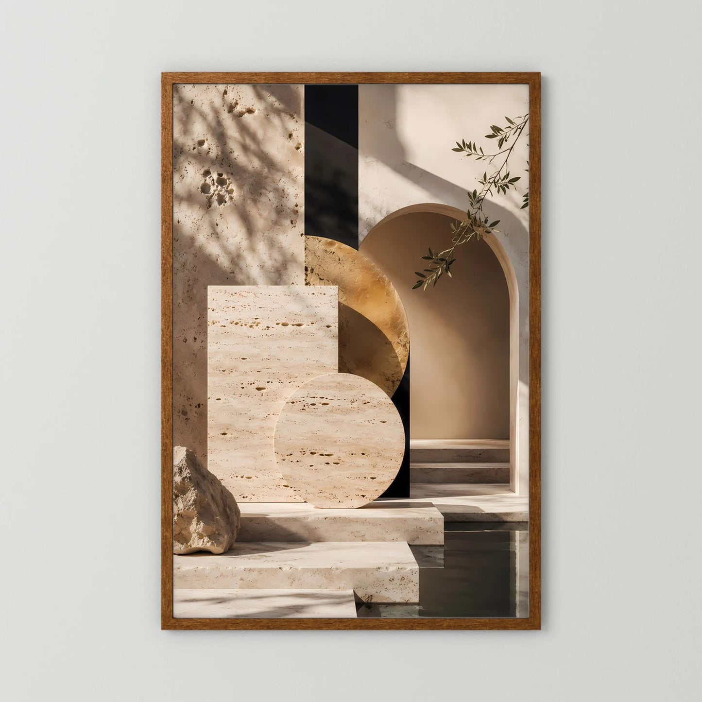 Architektur-Kunstposter im Holzrahmen: beige mit goldenen Bögen und Pflanzen