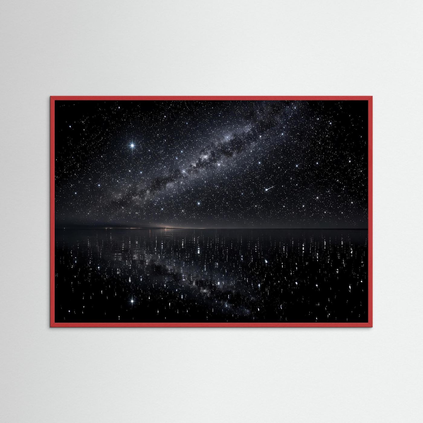 Poster mit Sternenhimmel und Spiegelsee, roter Rahmen