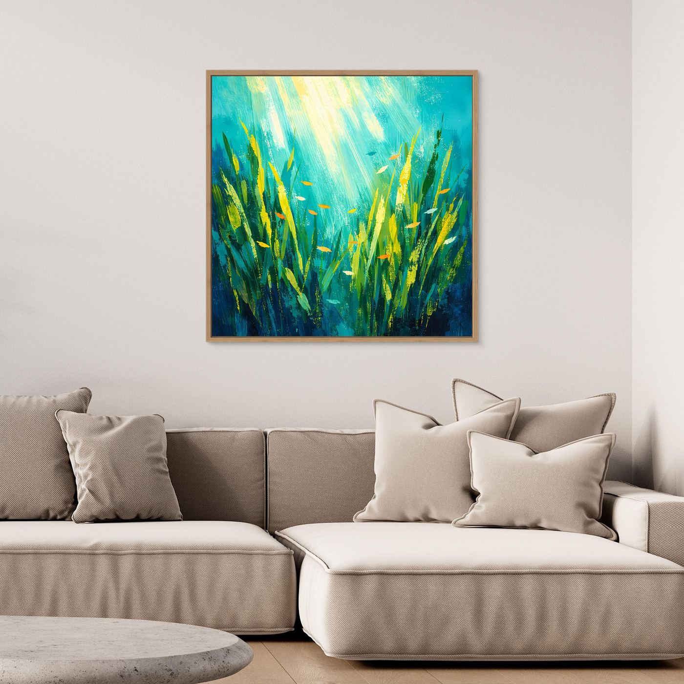Leinwand Lichtdurchfluteter Algenwald unter Wasser | Abstraktes Ozean Wandbild