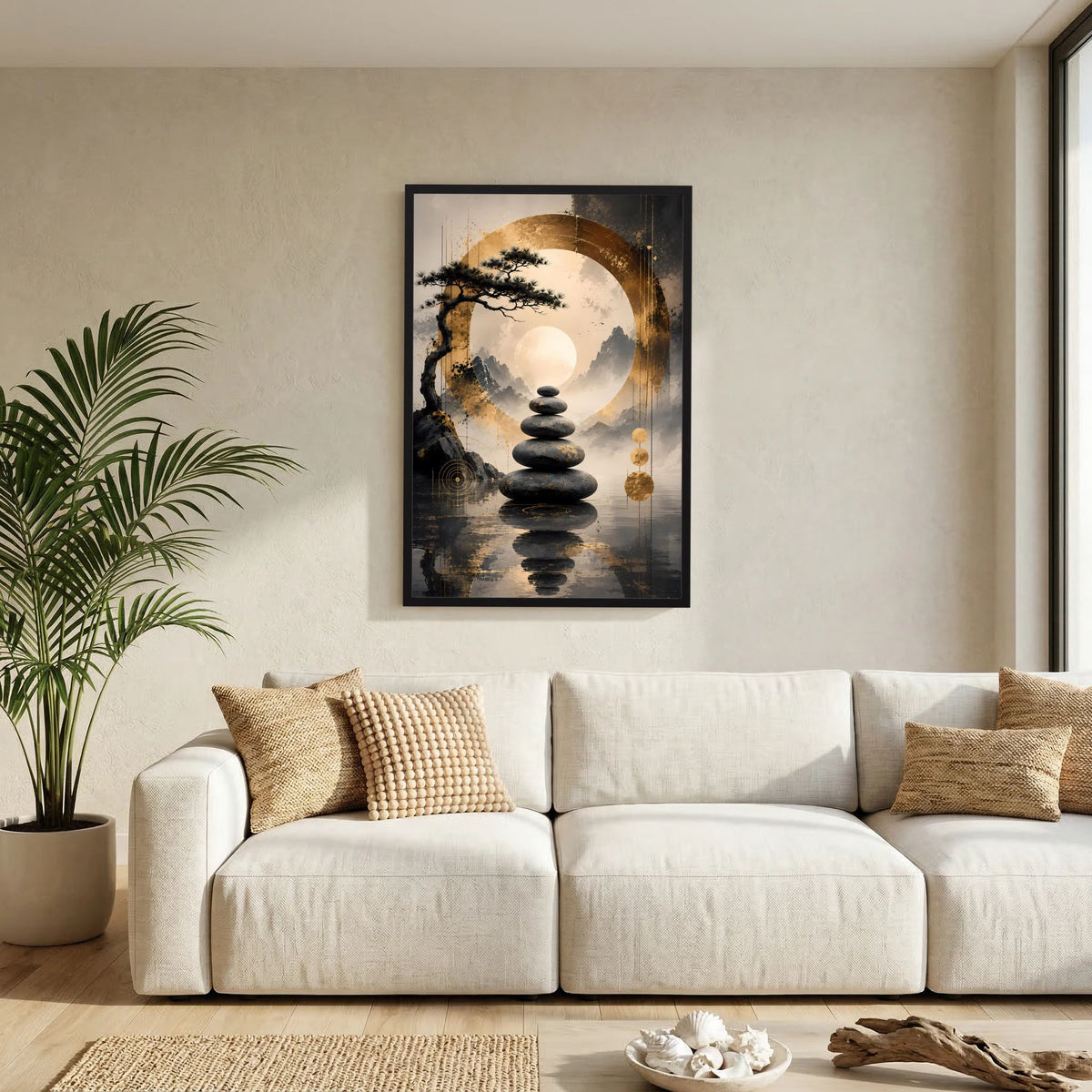 Poster im Hochformat mit Bonsai und Steinstapel, goldfarbene Kreisgrafik, schwarzer Rahmen