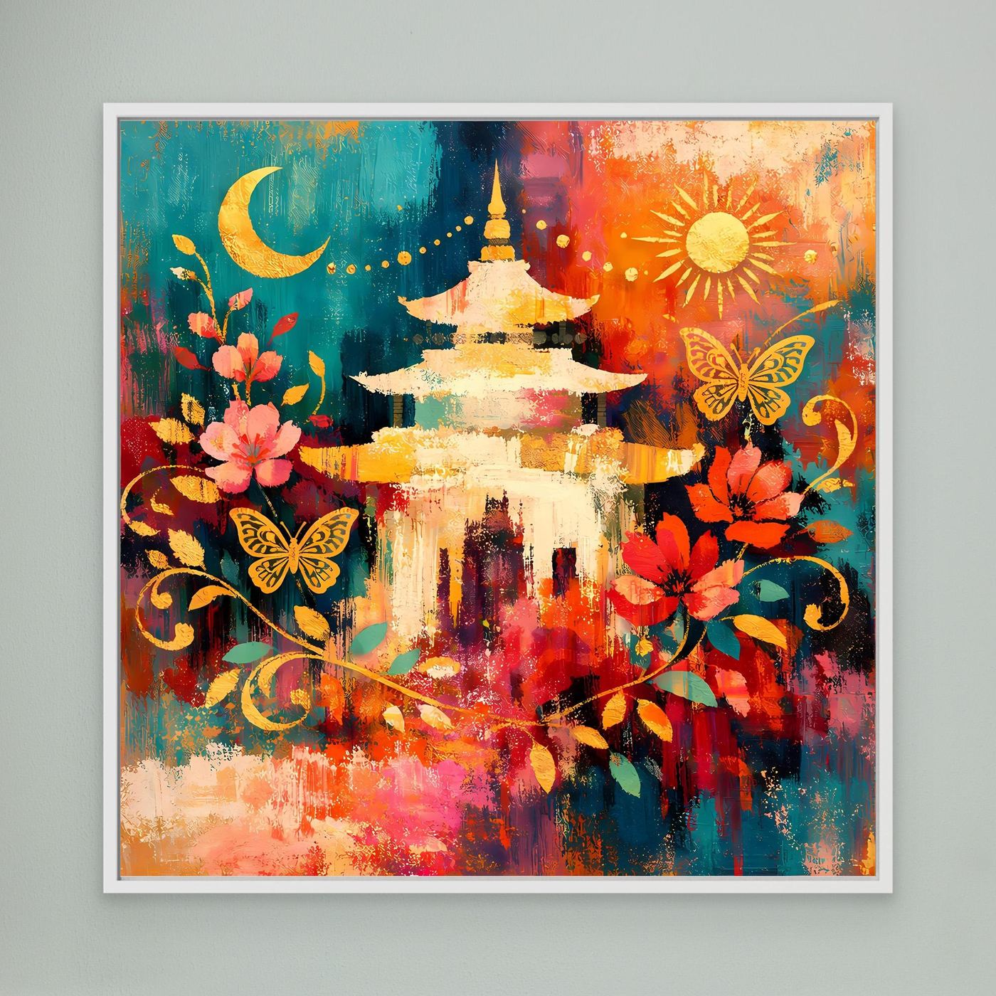 Wandbild im weißen Rahmen mit goldener Pagode, Mond, Sonne, Schmetterlingen und Blumen