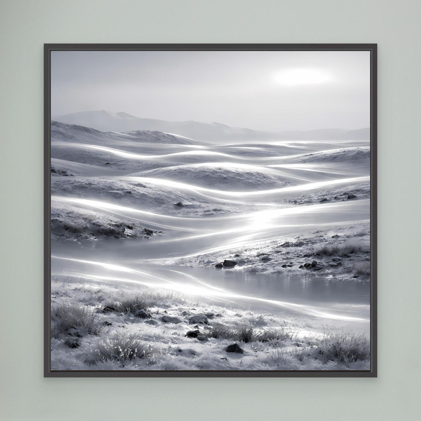 Leinwandbild Winterlandschaft mit schwarzem Rahmen, schneebedeckte Hügel mit hellen Lichtlinien