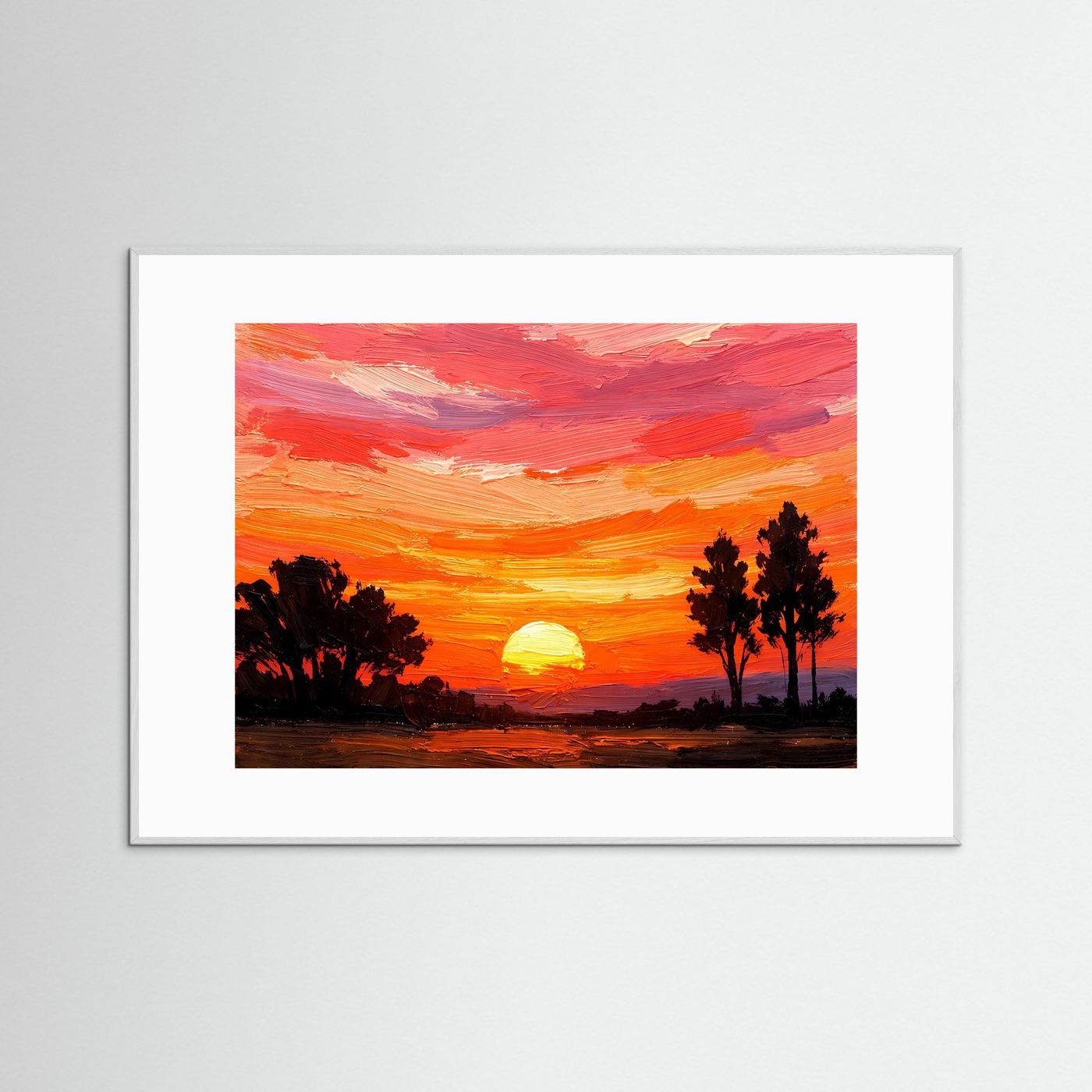 Kunstdruck-Poster mit Sonnenuntergang, weißes Passepartout ohne sichtbaren Rahmen