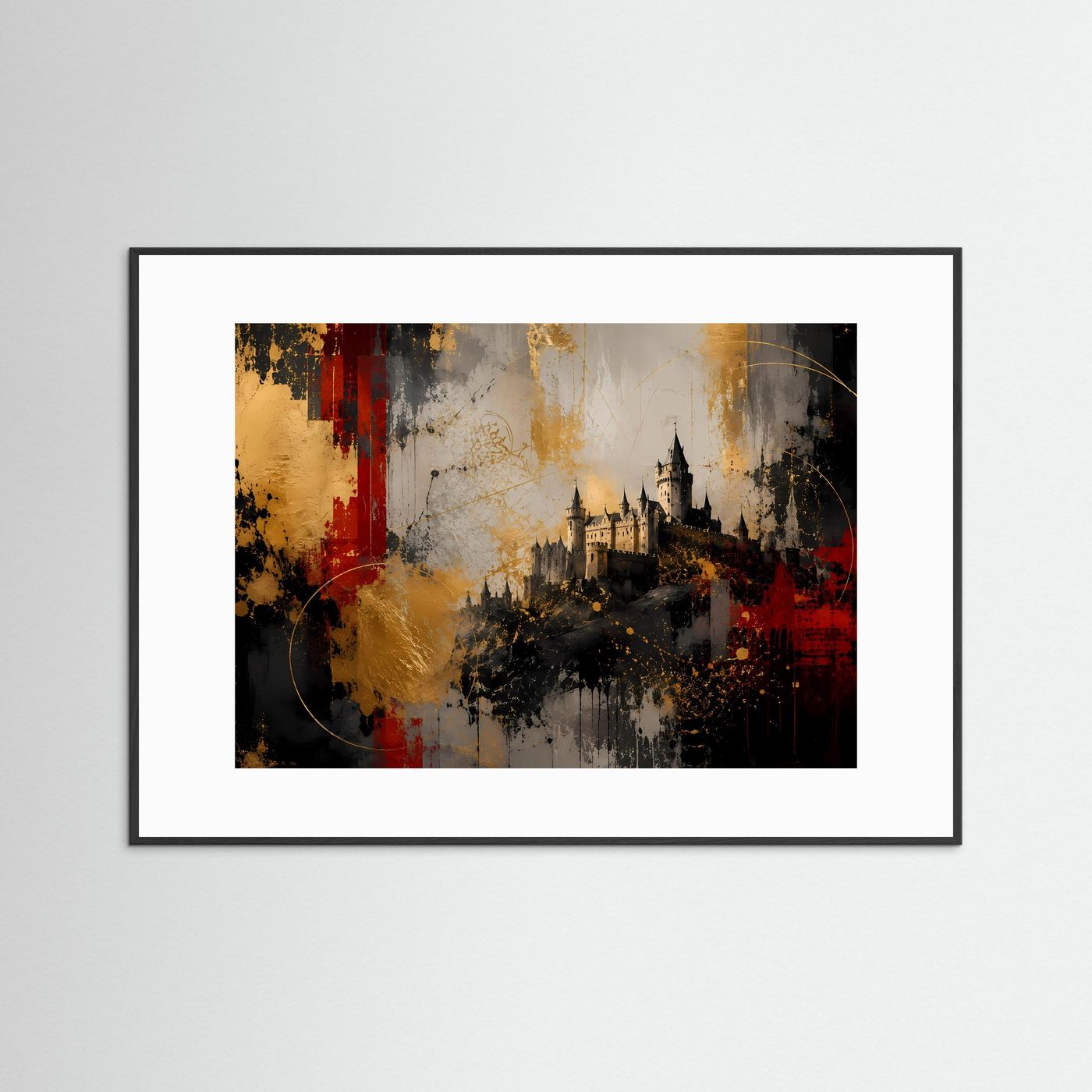 Gerahmtes Architekturposter mit Schlossgrafik, weißer Passepartout, schwarzer Rahmen