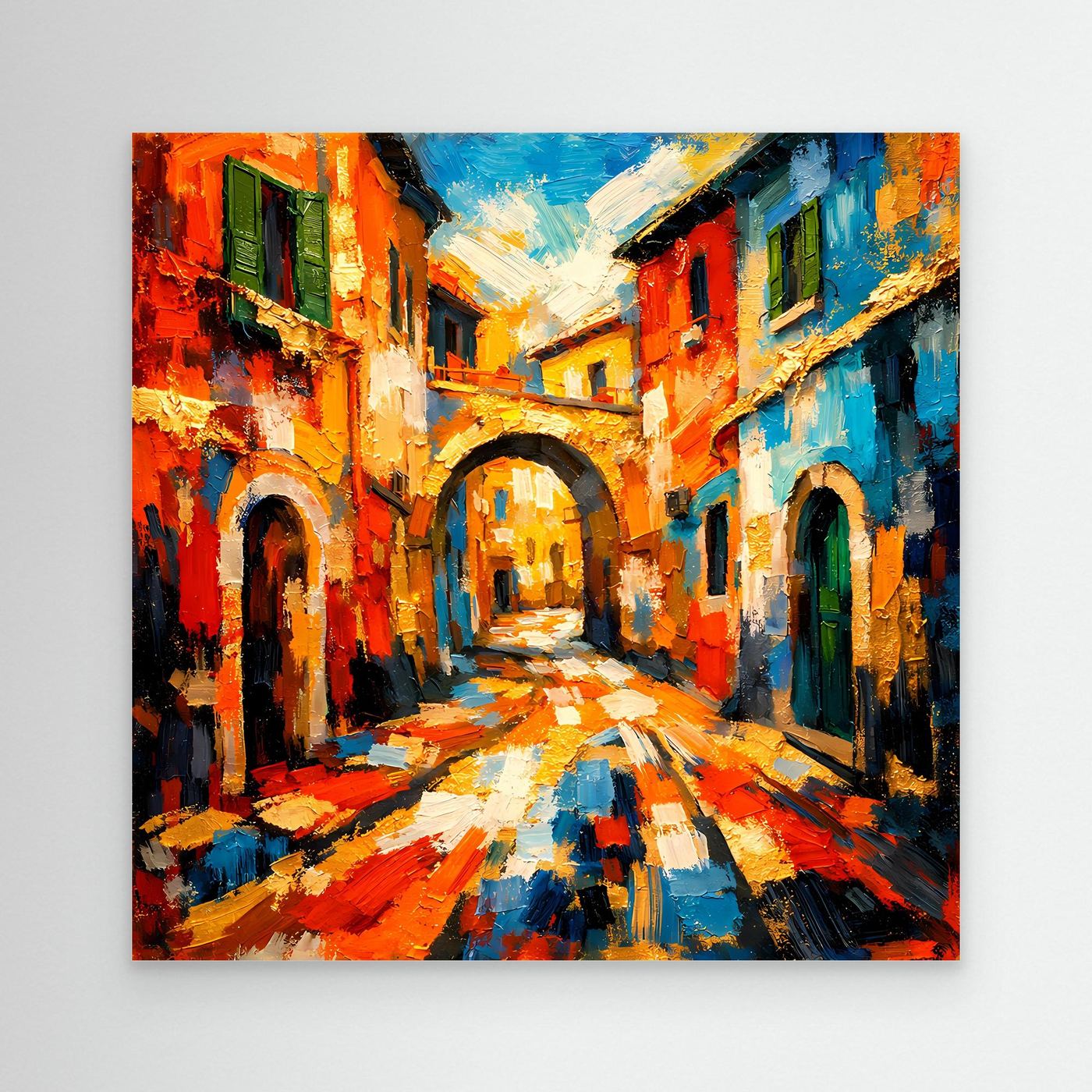 Leinwandbild mediterrane Gasse mit farbigen Häusern und Kopfsteinpflaster, abstrakt bunt