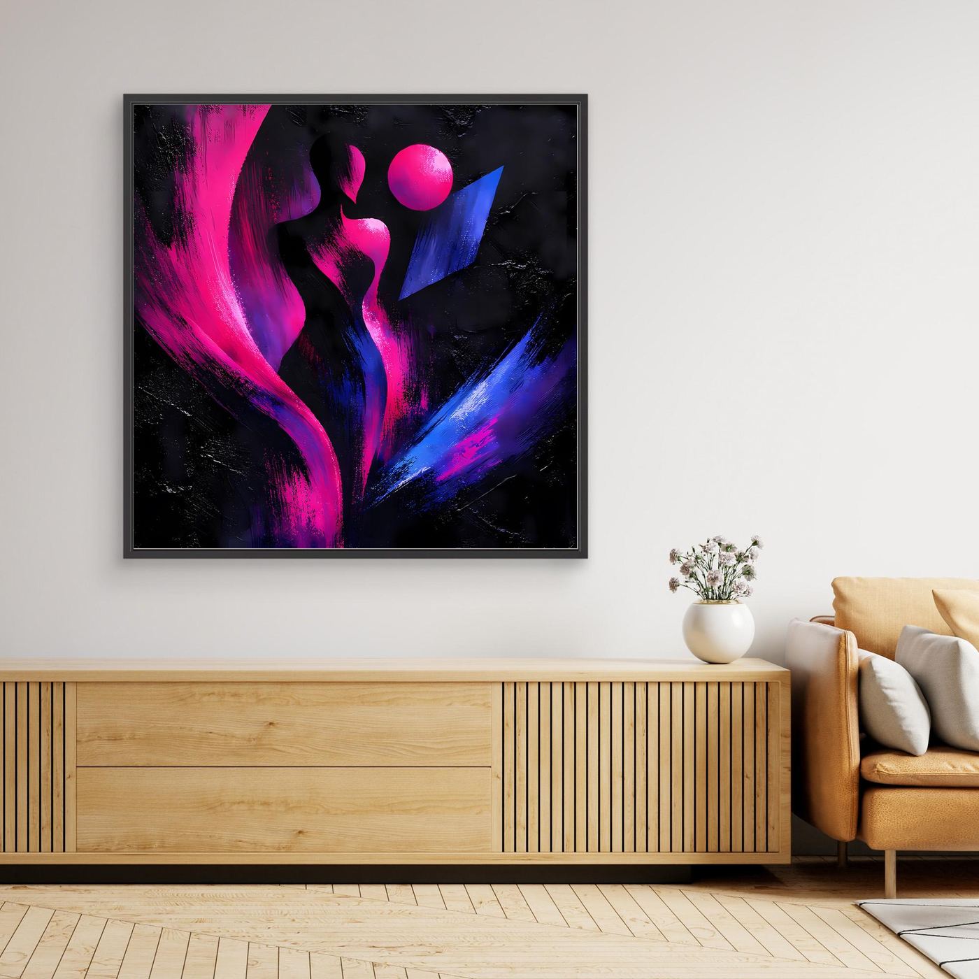 Gerahmtes Leinwandbild mit abstrakter Silhouette in Neonpink und Blau, dunkler Rahmen