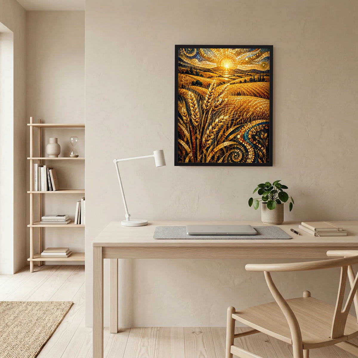 Schwarz gerahmtes Poster mit goldenem Weizenfeld im Mosaikstil und strahlender Sonne