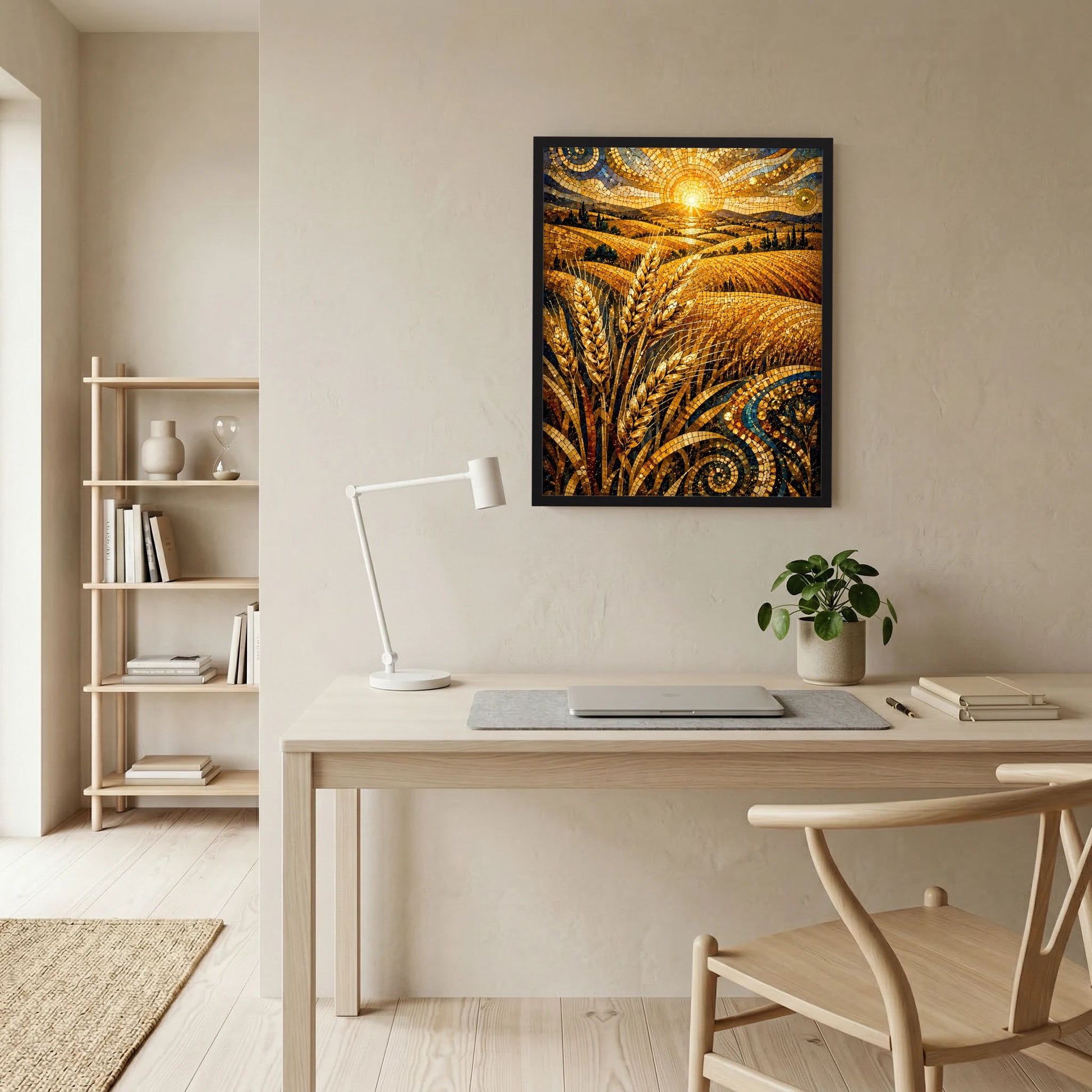 Schwarz gerahmtes Poster mit goldenem Weizenfeld im Mosaikstil und strahlender Sonne