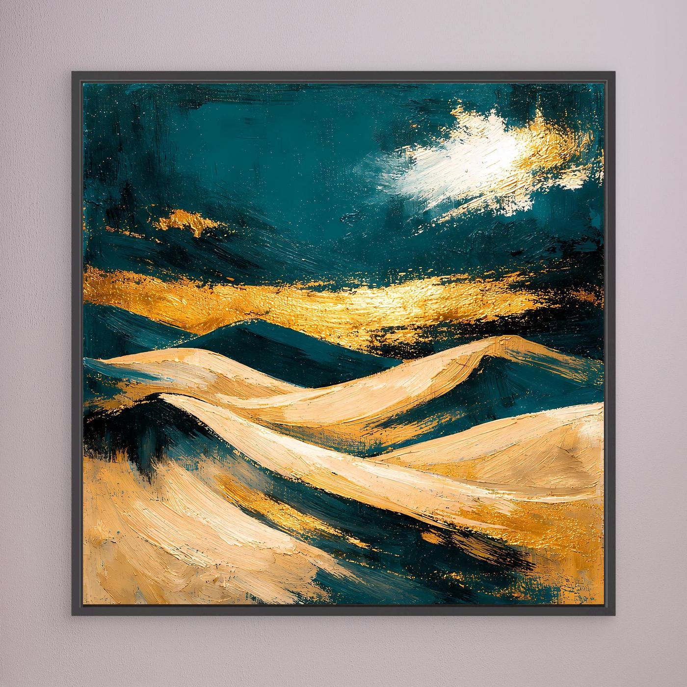 Wandbild mit abstrakter Dünenlandschaft in Petrol, Beige und Gold, schwarzer Rahmen