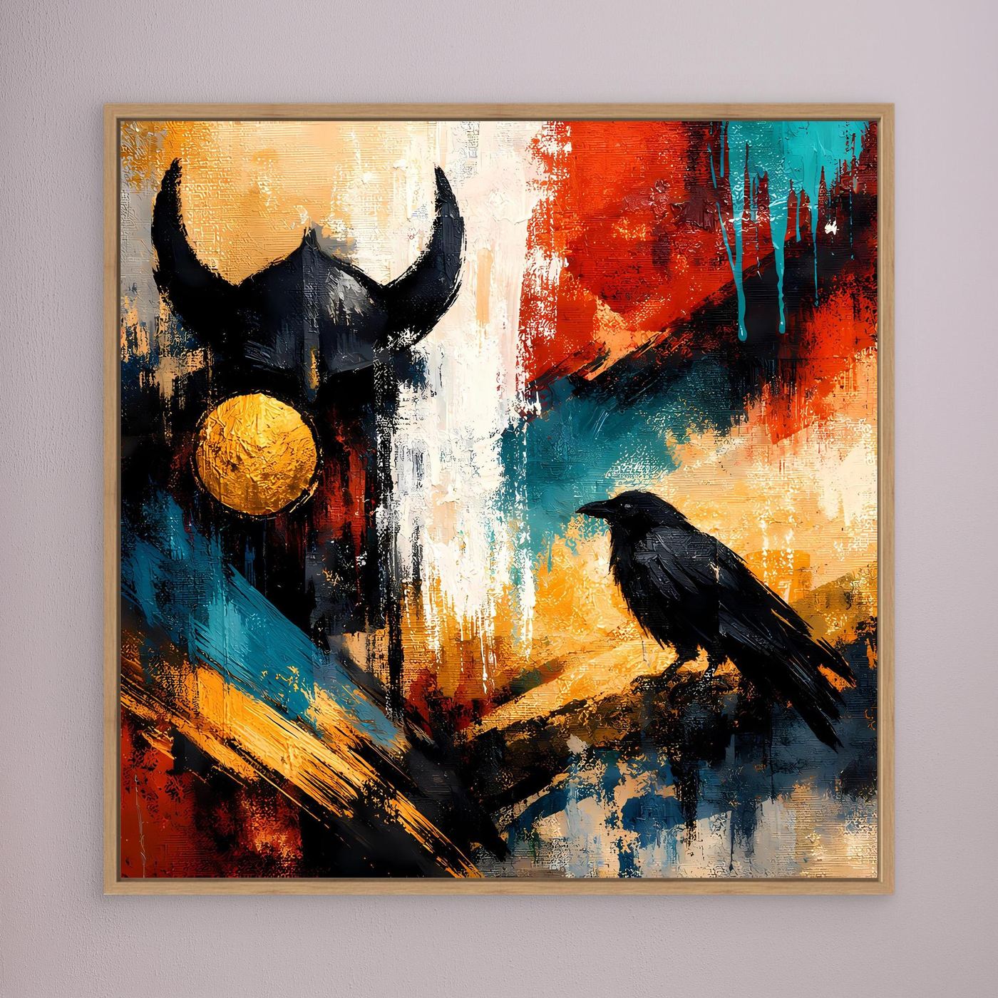 Wandbild mit Wikingerhelm, goldener Kugel und Rabe auf bunt gemaltem Hintergrund, naturfarben gerahmt
