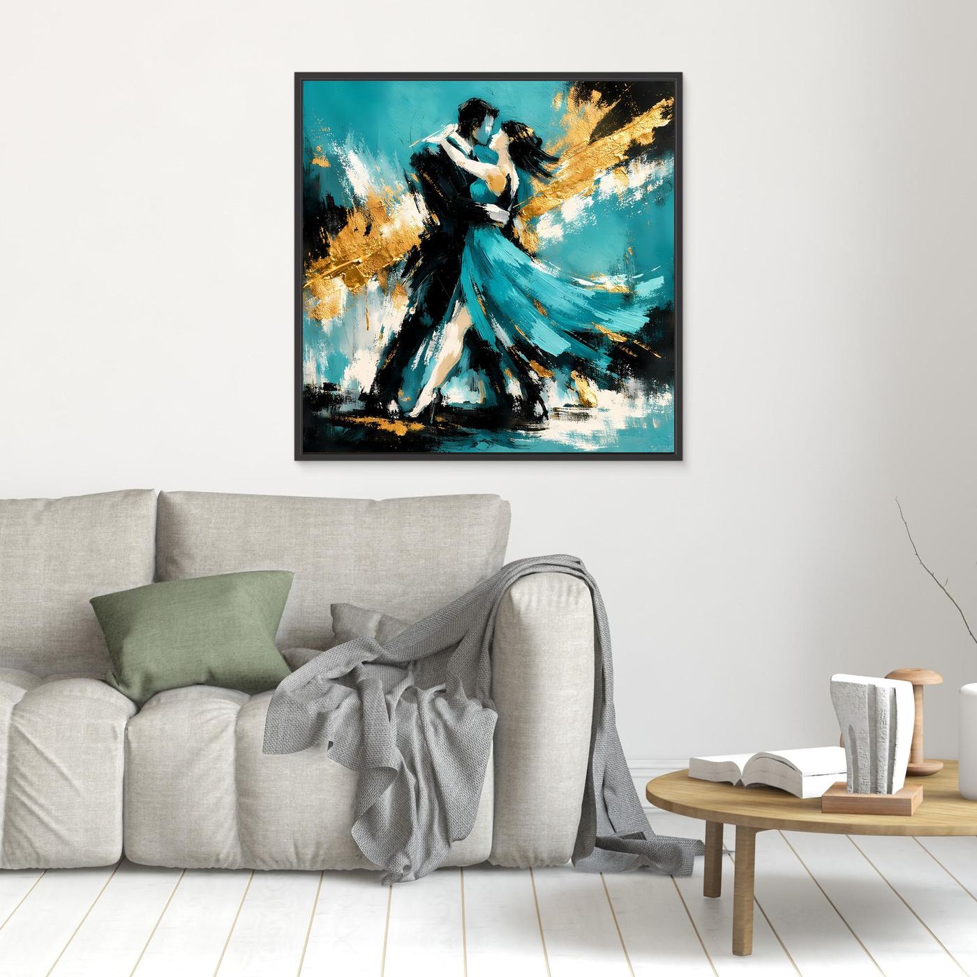 Leinwand Abstraktes Tanzpaar in Türkis und Gold | Modernes Romantisches Paar Wandbild