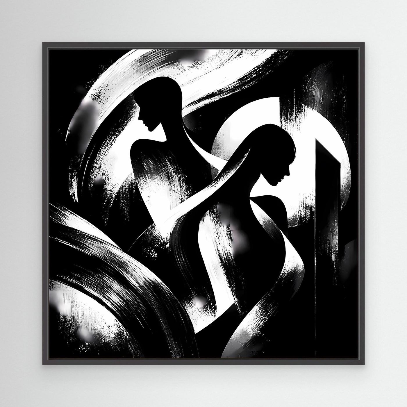 Abstraktes Leinwand-Wandbild, schwarzweiße Silhouetten, schwarzer Rahmen
