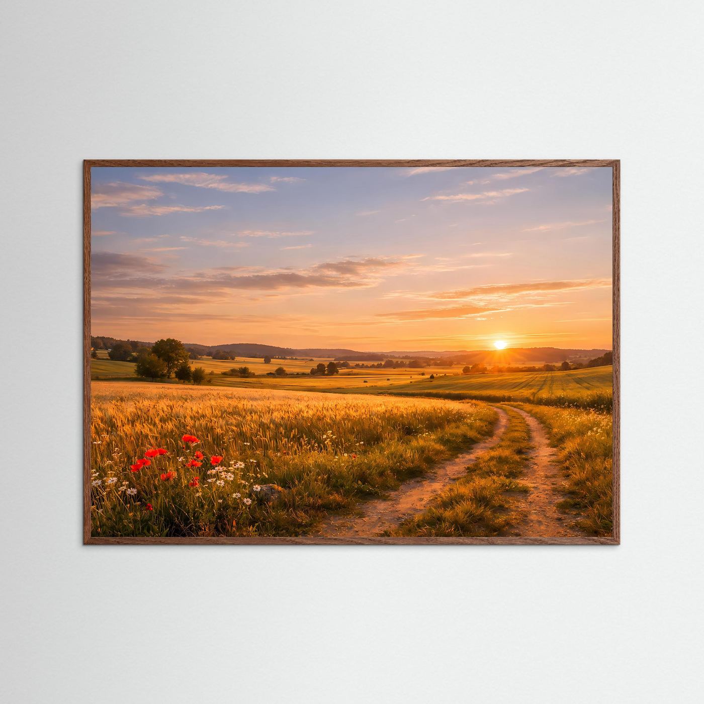 Idyllischer Sonnenuntergang im Kornfeld | Feldweg & Natur Poster Querformat