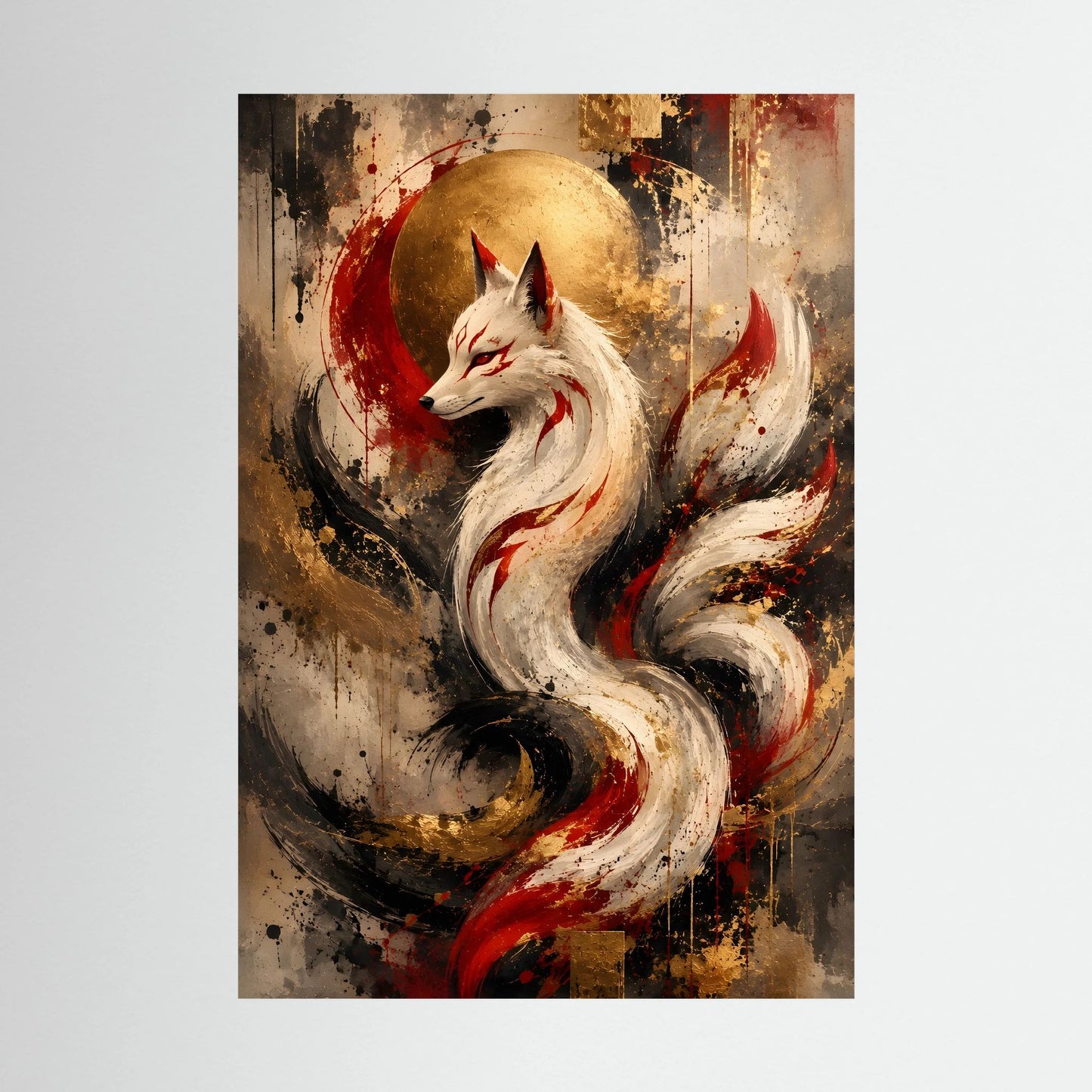 Kunstposter mit weißem Fuchs, rot-goldenen Flammen und goldenem Mond