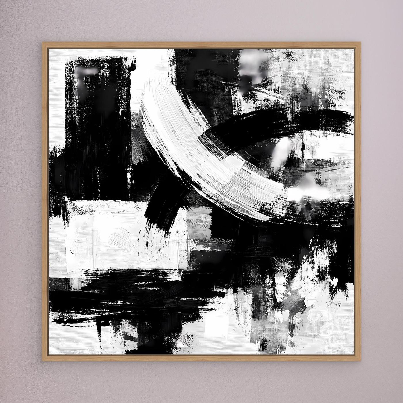 Abstract canvas wall art with black and white brush strokes, in a wood frame