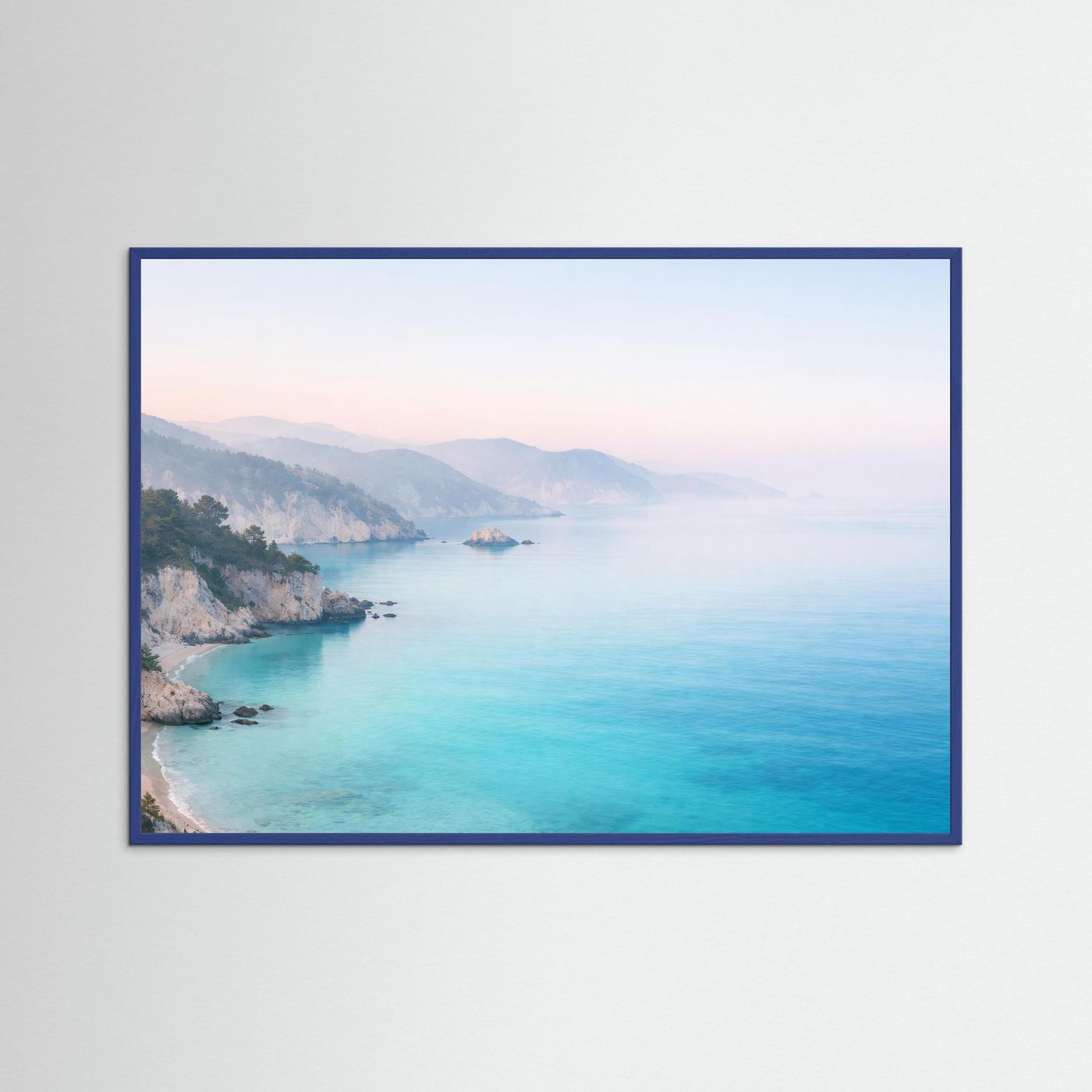 Poster Querformat im blauen Rahmen mit Küstenlandschaft und türkisblauem Meer