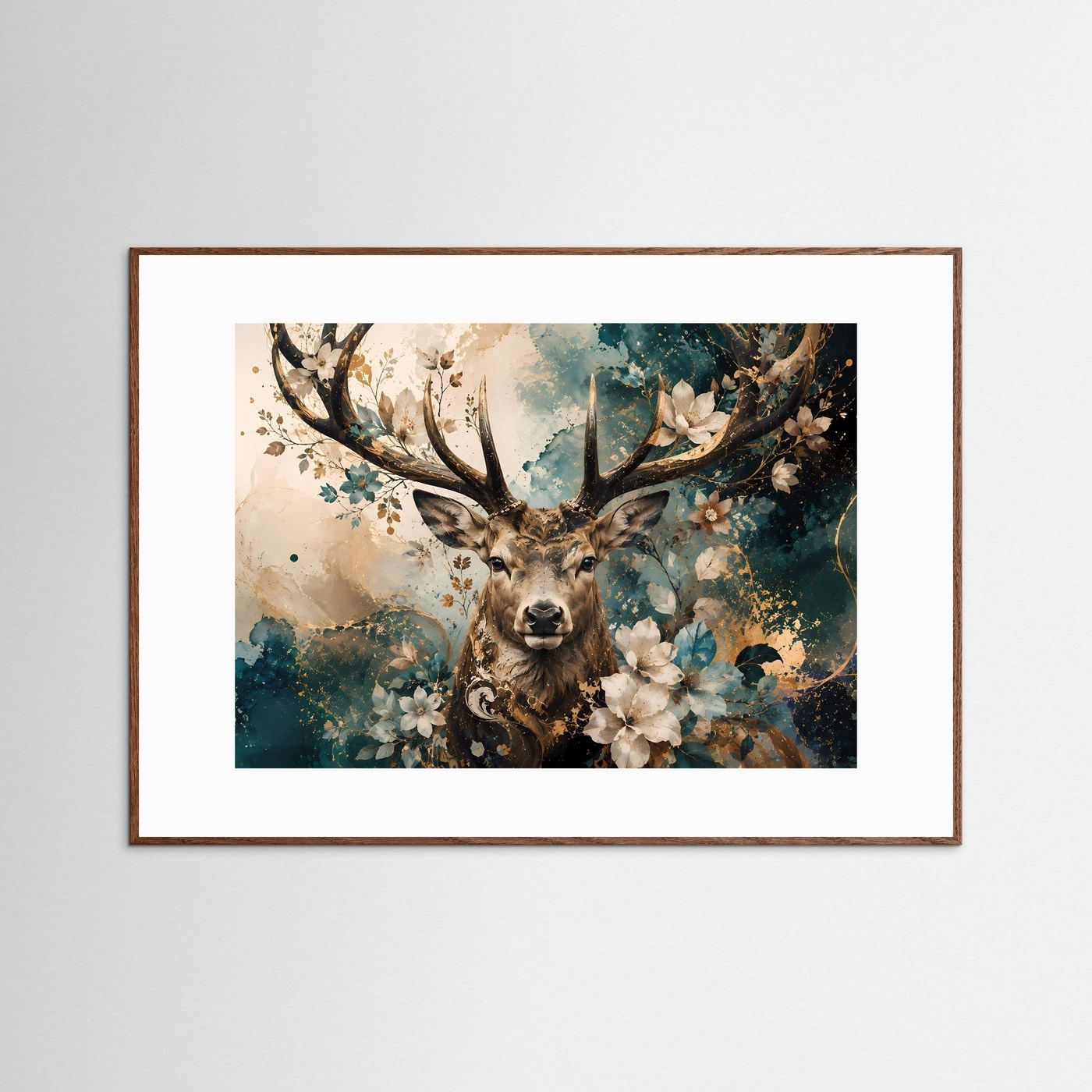 Hirsch Poster | Florales Hirsch Wandbild | Elegante Hirschkunst mit Blumen | Modernes Natur Wandbild | Abstrakte Premium Wall Art