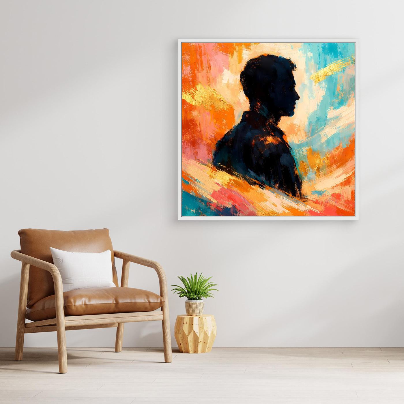 Weiß gerahmtes Leinwandbild mit abstrakter Silhouette eines Mannes, blau-orange Pinseloptik.