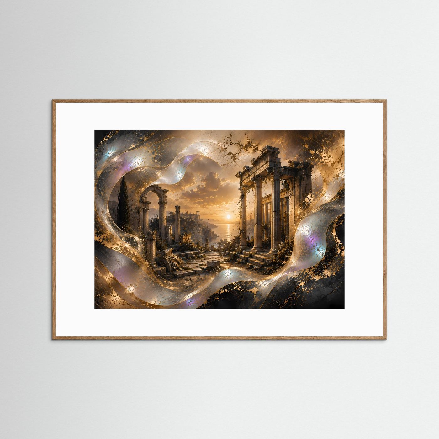 Gerahmtes Poster mit antiken Tempelruinen, goldene Lichtquelle und perlmuttrige Windungen, braunes Rahmenholz