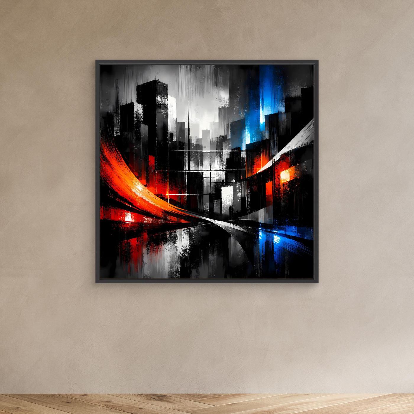 Abstraktes Skyline-Wandbild mit schwarzem Rahmen, rote und blaue Lichtspuren, dunkle Stadtsilhouette