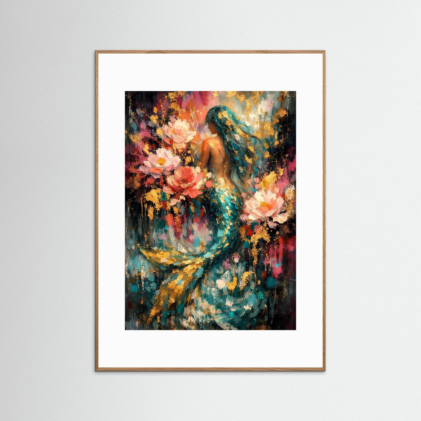 Fantasy-Poster mit Meerjungfrau und Blüten, Smaragd-Rosé Farbmix, goldbrauner Rahmen