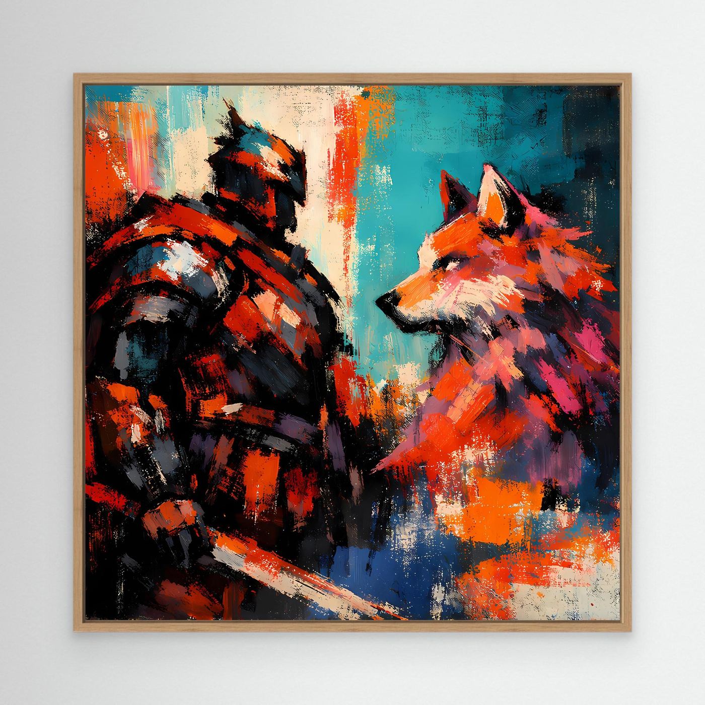 Abstraktes Leinwand-Wandbild mit Eichenrahmen: Krieger und Wolf, kräftige Pinselstriche