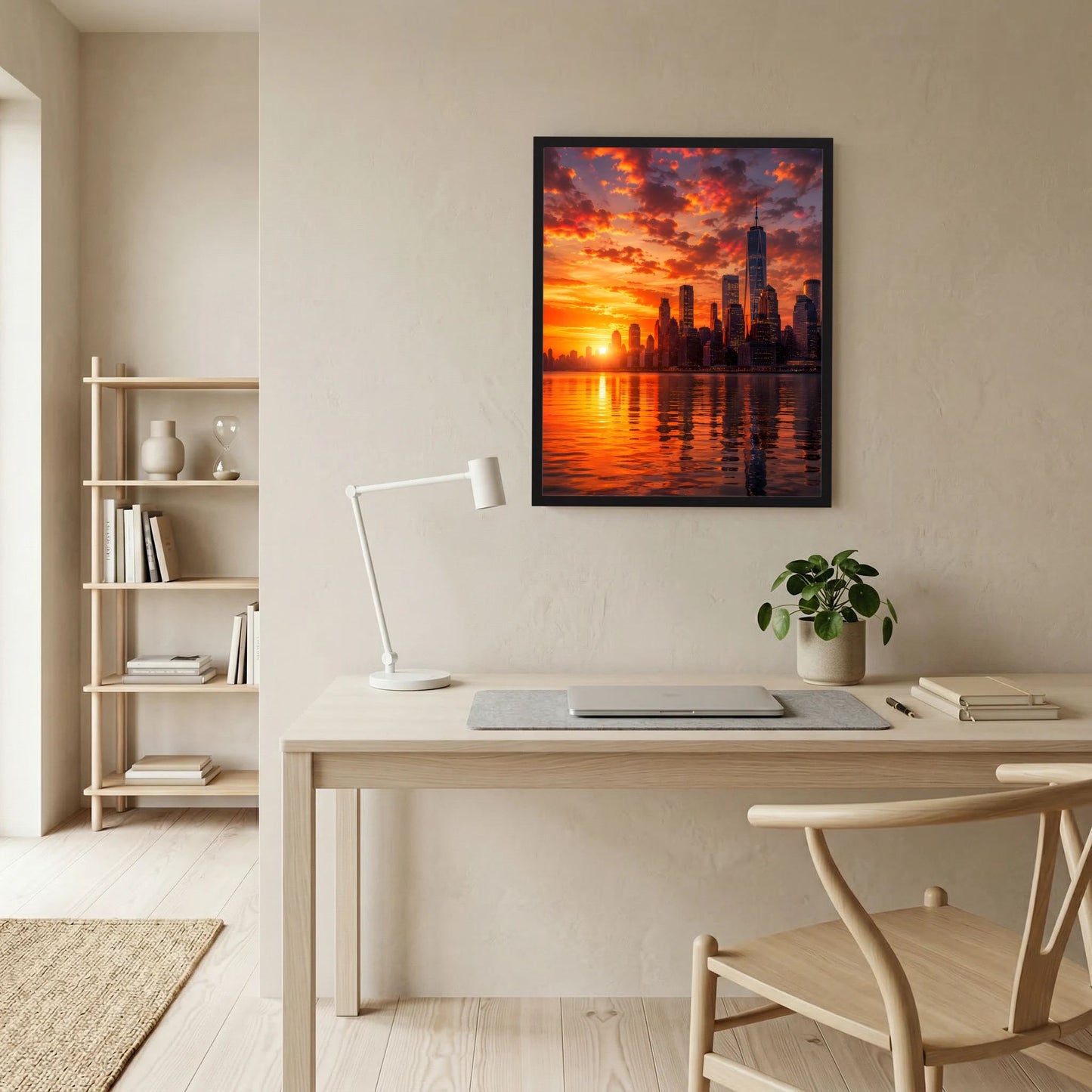Gerahmtes Stadtposter mit dunklem Rahmen, Skyline bei Sonnenuntergang